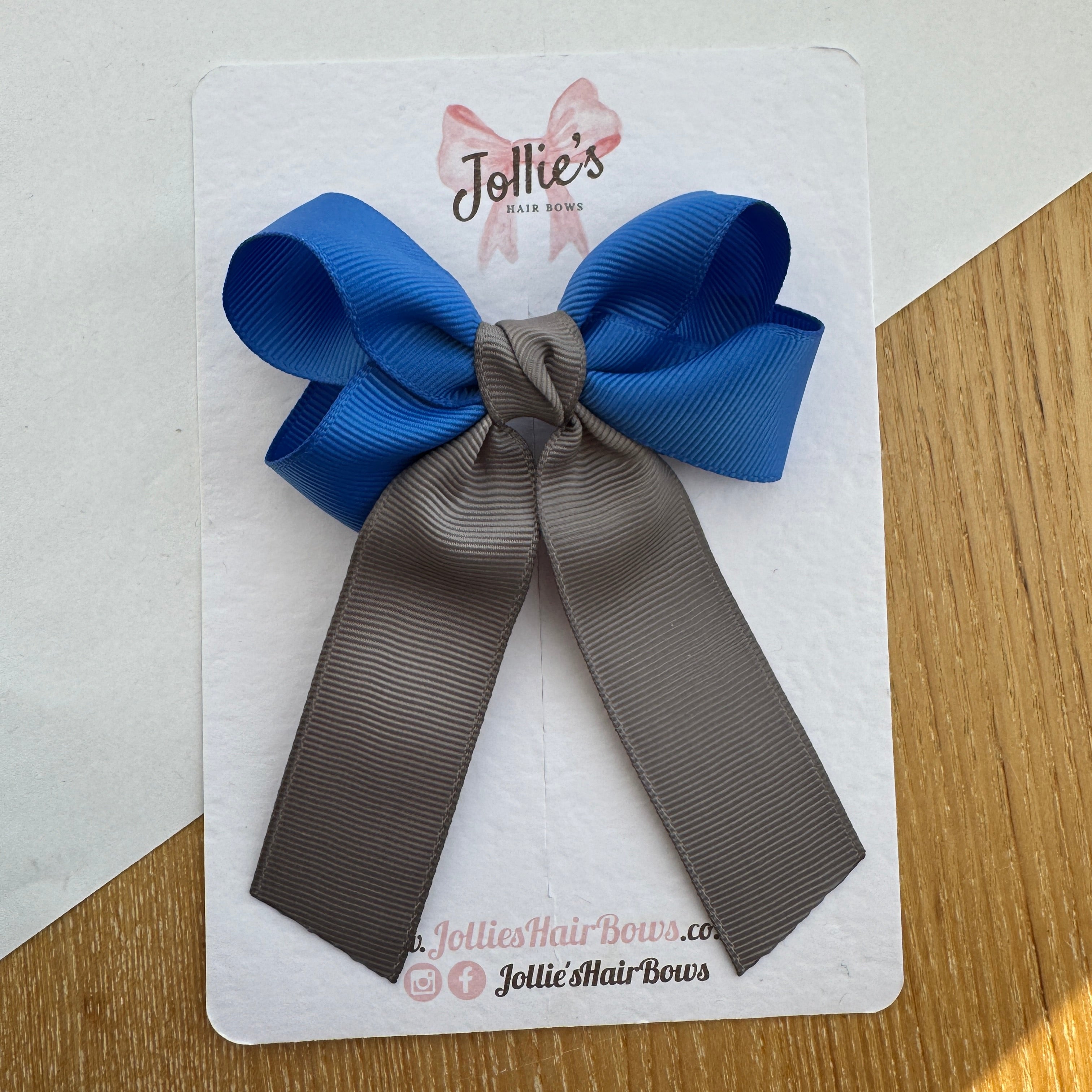 3" Royal Blue & Metal Grey Classic Ribbon Tail Hair Bow – Grosgrain Ribbon Clip with Teeth
