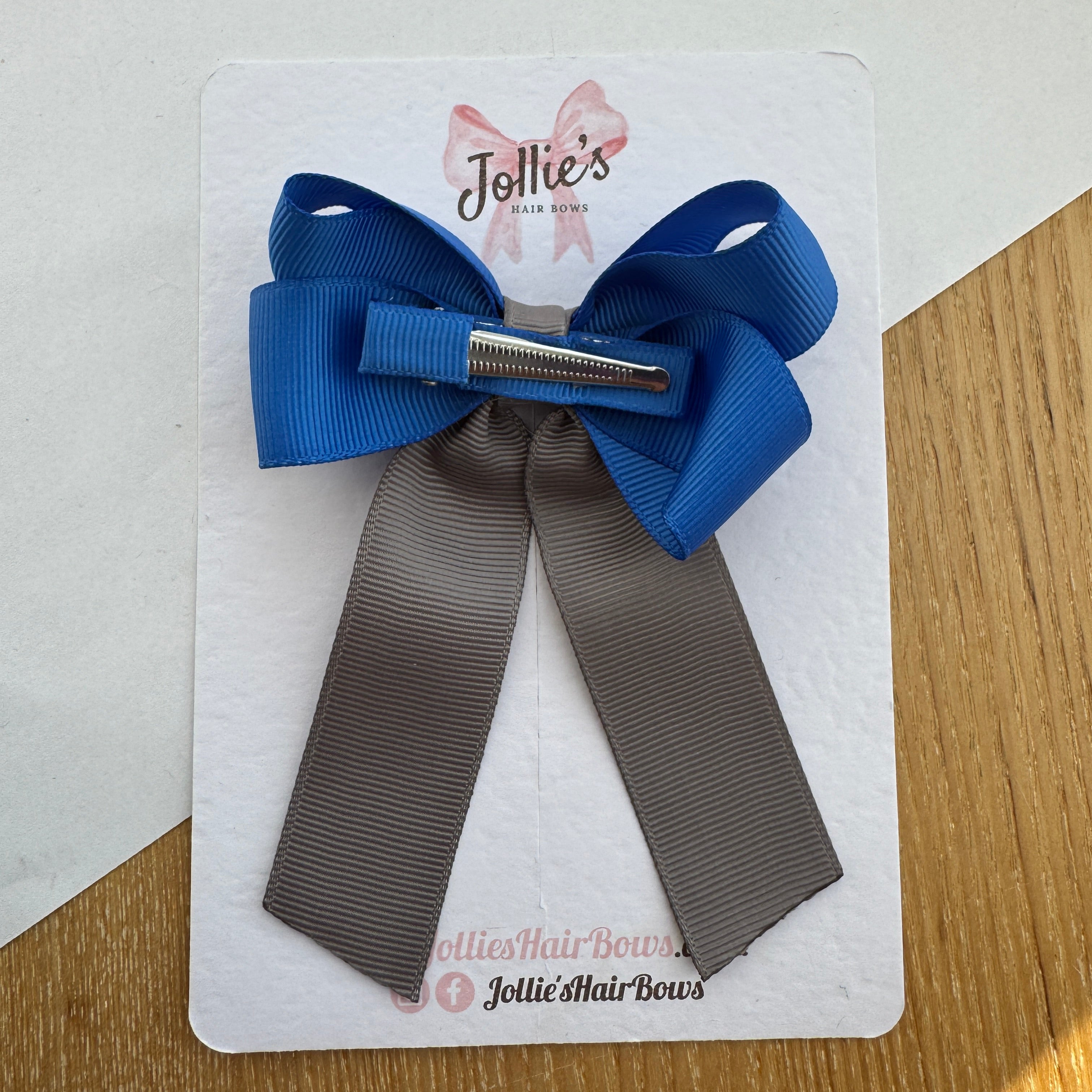 3" Royal Blue & Metal Grey Classic Ribbon Tail Hair Bow – Grosgrain Ribbon Clip with Teeth