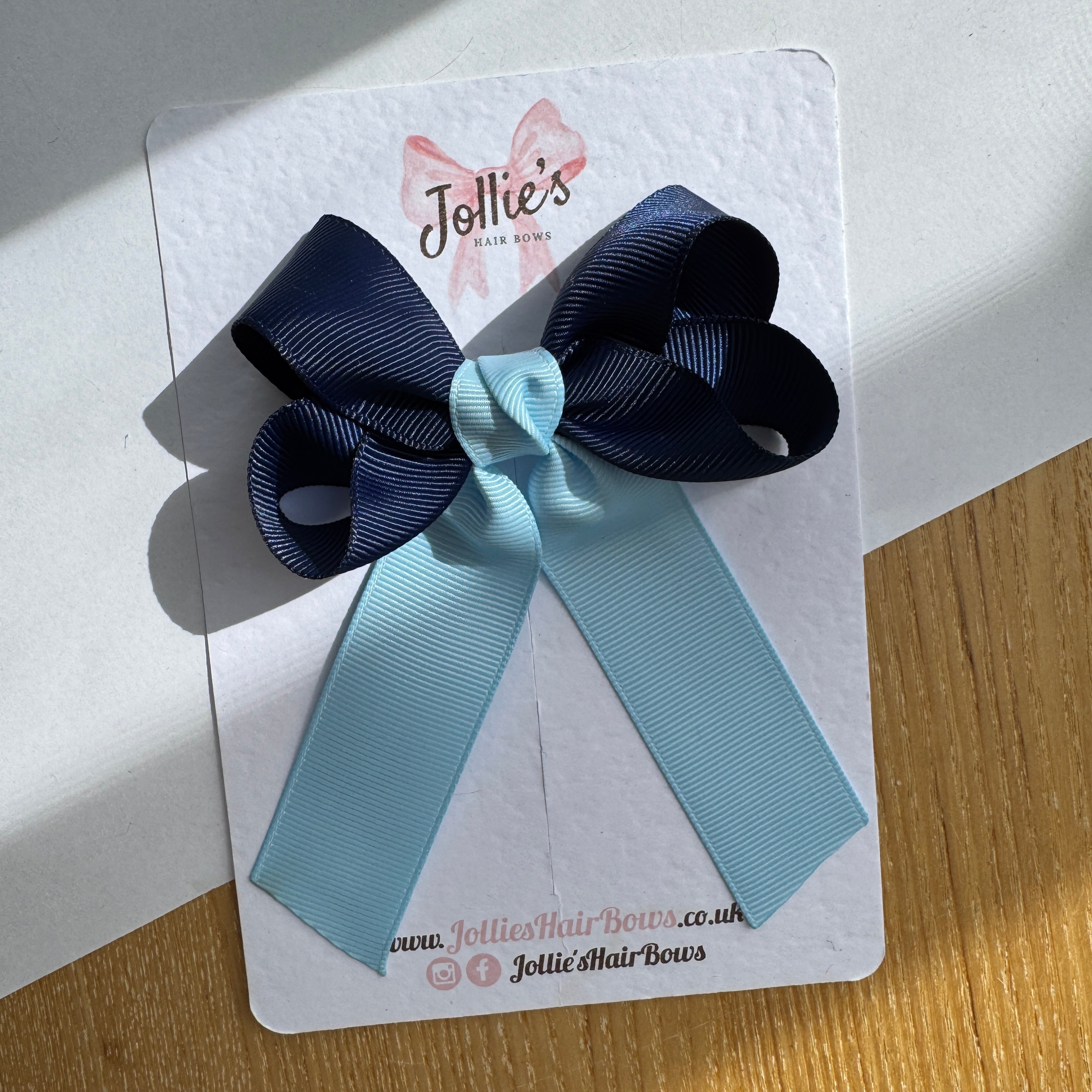 3" Navy & Blue Topaz Classic Ribbon Tail Hair Bow – Grosgrain Ribbon Clip with Teeth