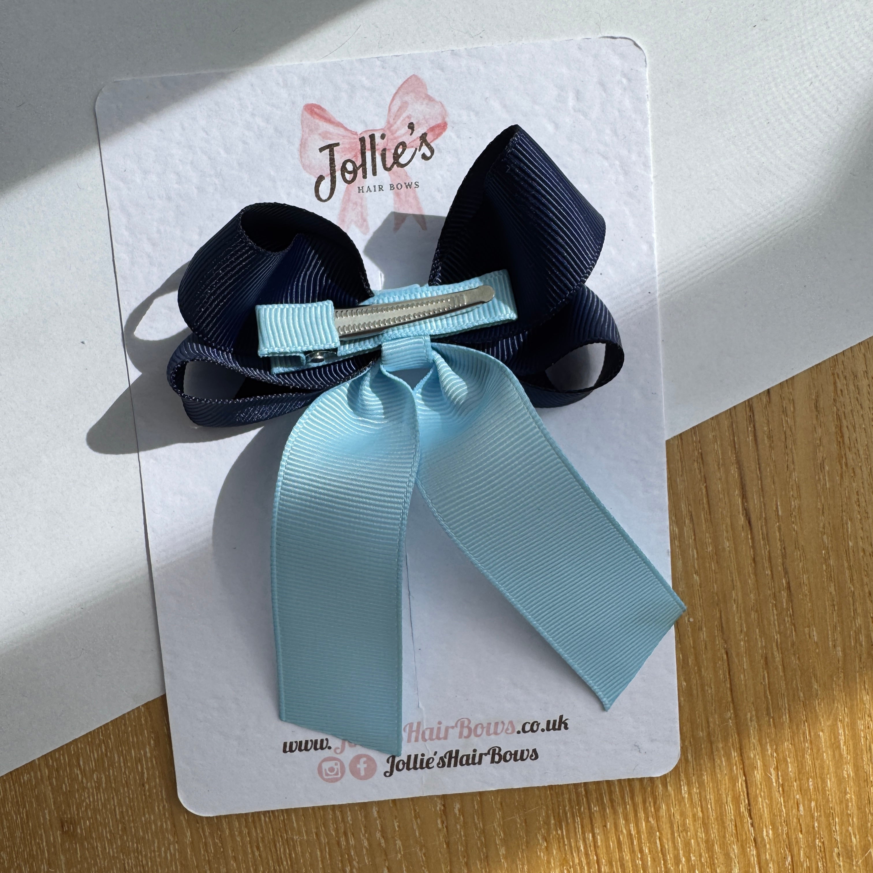 3" Navy & Blue Topaz Classic Ribbon Tail Hair Bow – Grosgrain Ribbon Clip with Teeth