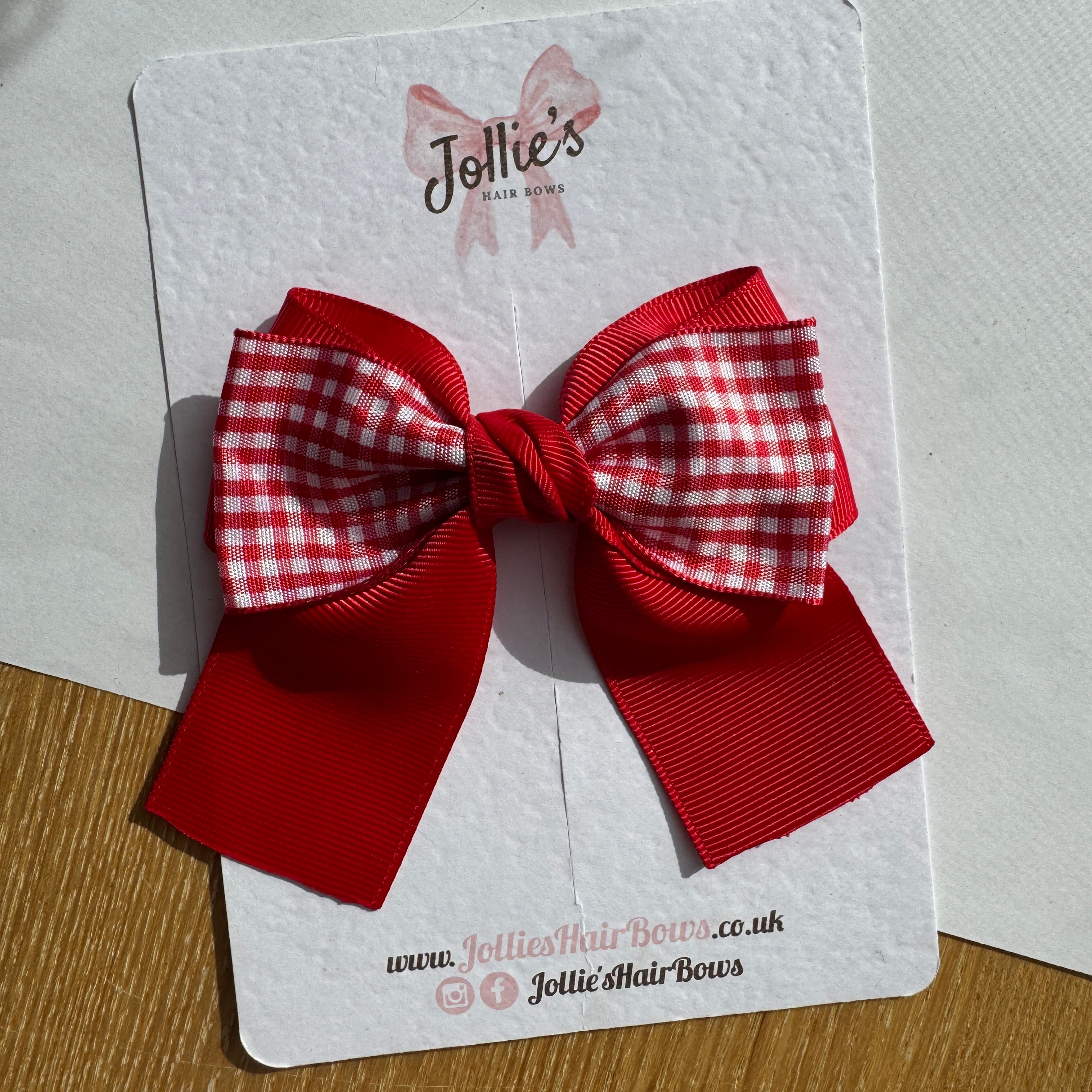 3.5" Red Gingham Boutique Hair Bow – Grosgrain Ribbon Clip with 1.7" Alligator Clip with Teeth