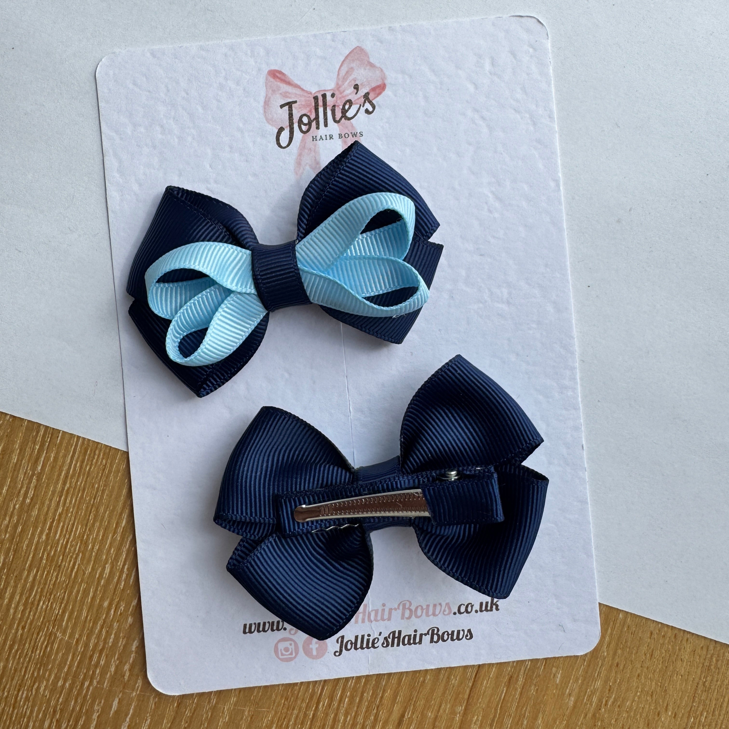 2.5" Navy & Blue Topaz Bow with Clip (Pair) – Grosgrain Ribbon Hair Bows for Girls