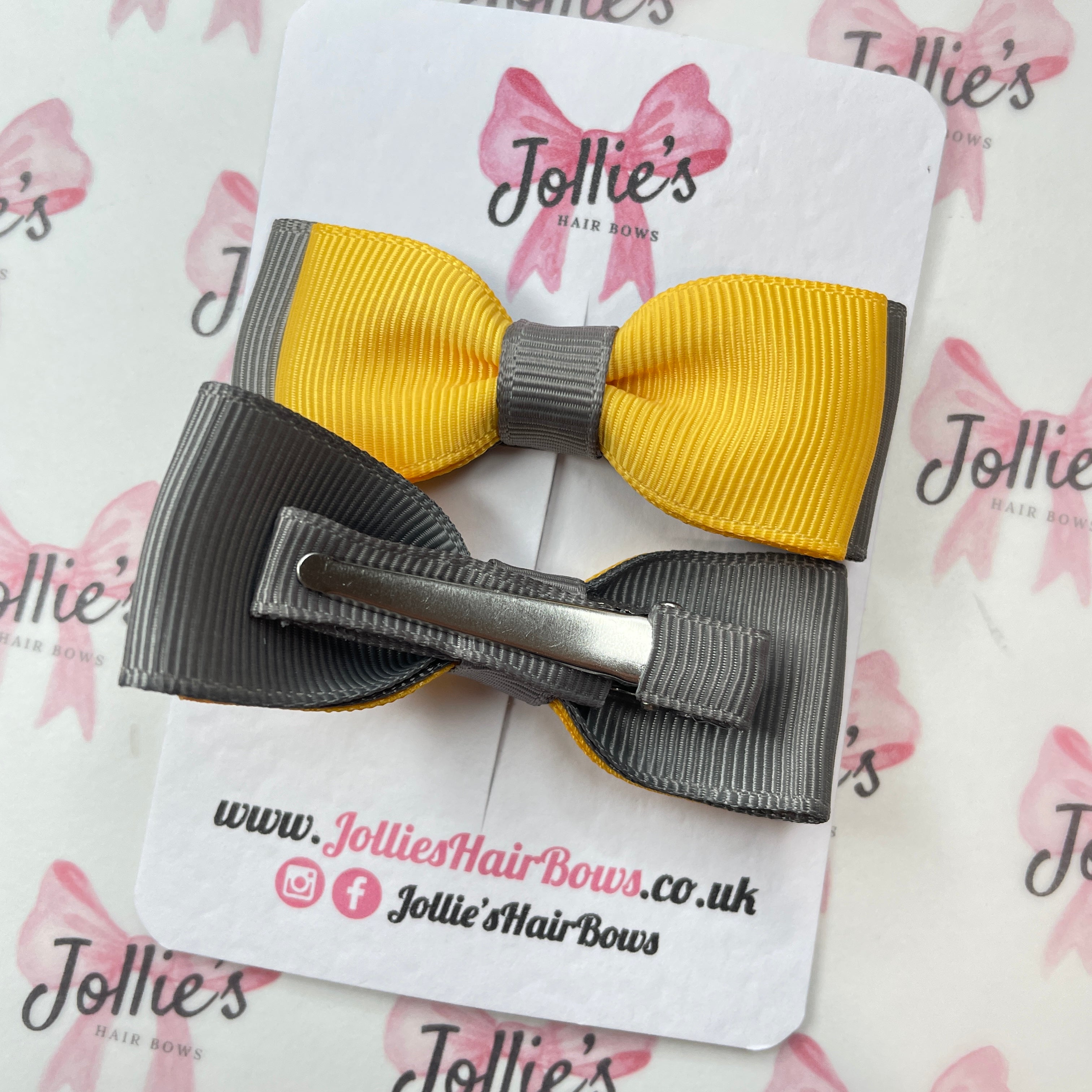 2.5inch Bow with Clip (pair) - Metal Grey & Yellow Gold