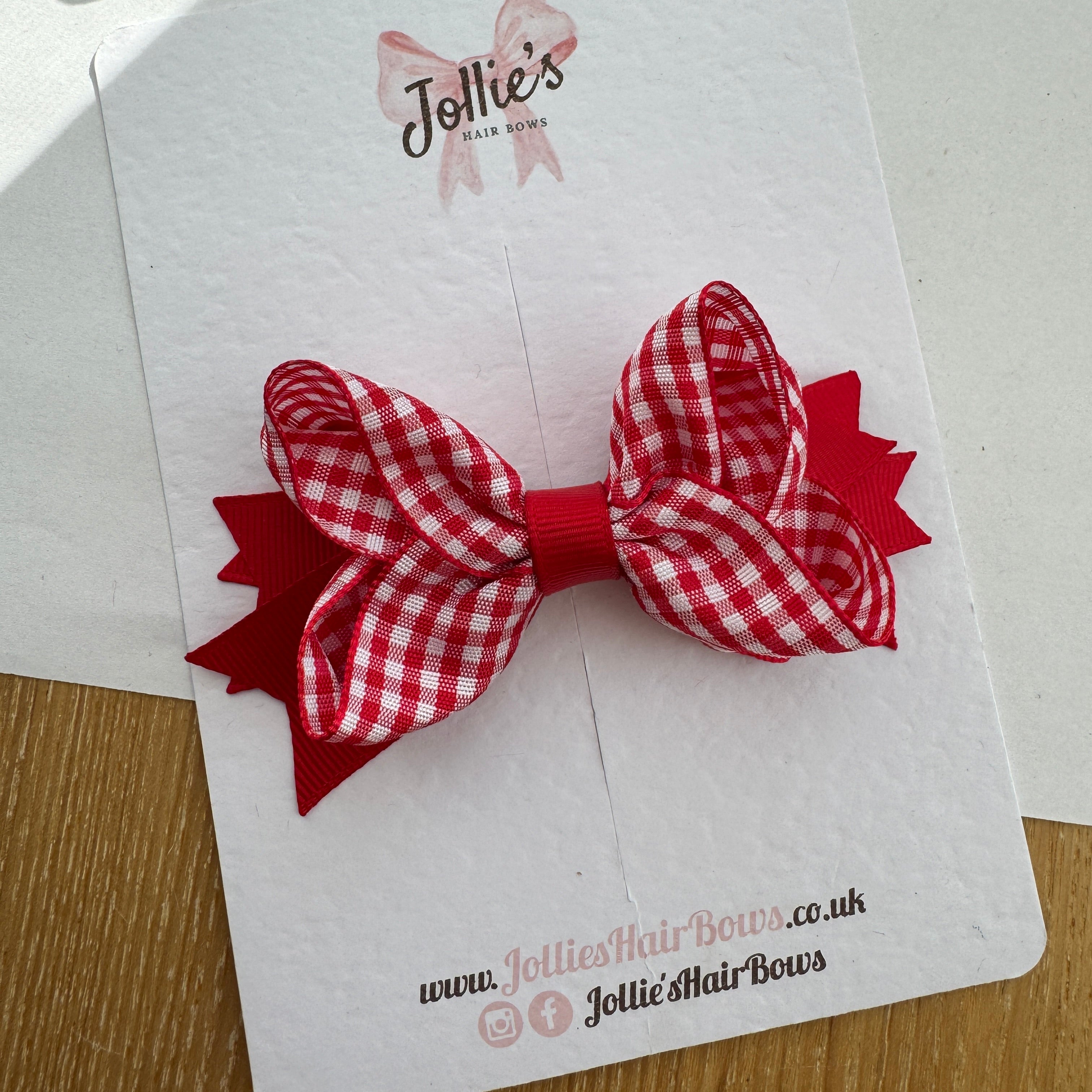 3.5" Red Gingham Layered Pointed-Tail Hair Bow – Grosgrain Ribbon Clip with 1.7" Double Sponge Alligator Clip