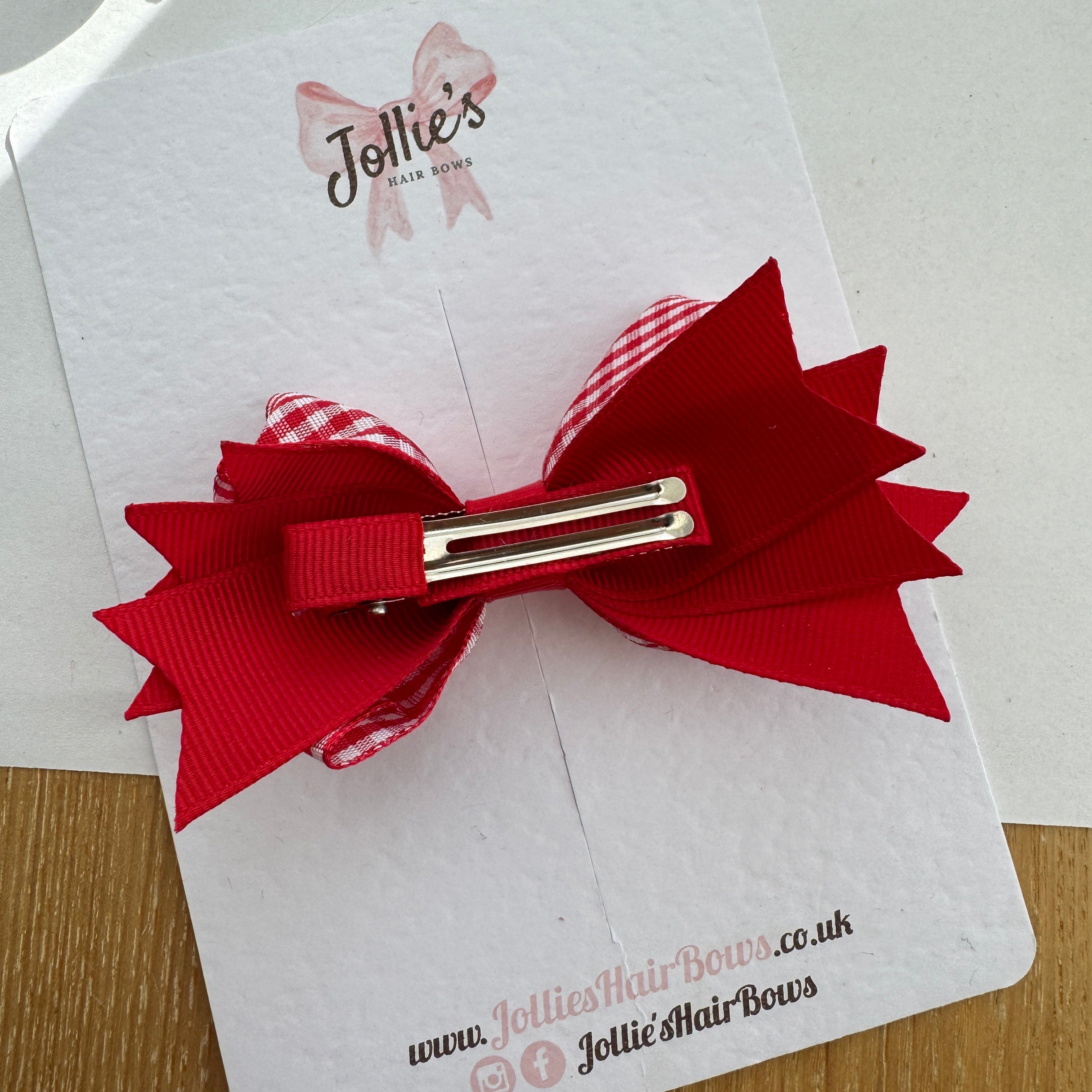 3.5" Red Gingham Layered Pointed-Tail Hair Bow – Grosgrain Ribbon Clip with 1.7" Double Sponge Alligator Clip