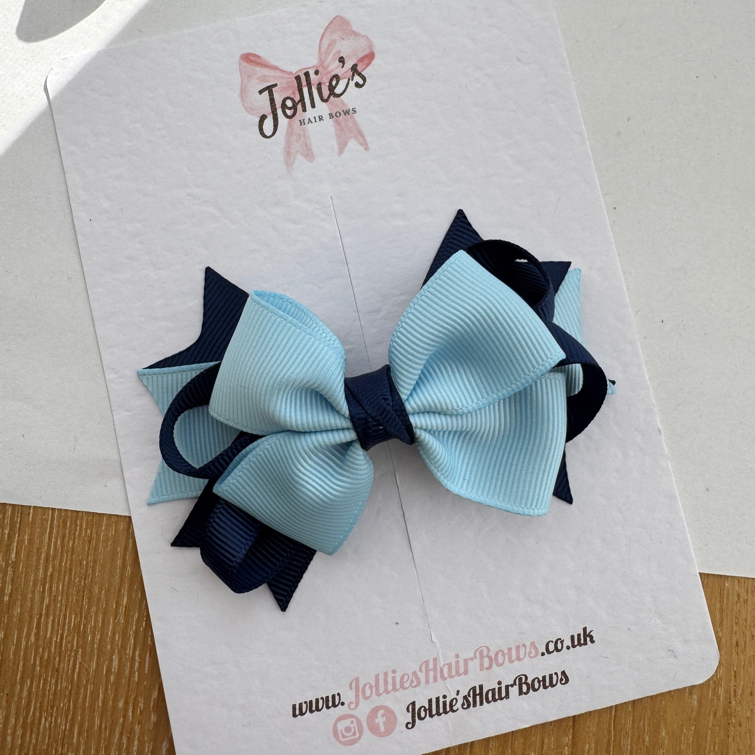 3.5" Navy & Blue Topaz Layered Pointed-Tail Hair Bow – Grosgrain Ribbon Clip with 1.7" Double Sponge Alligator Clip