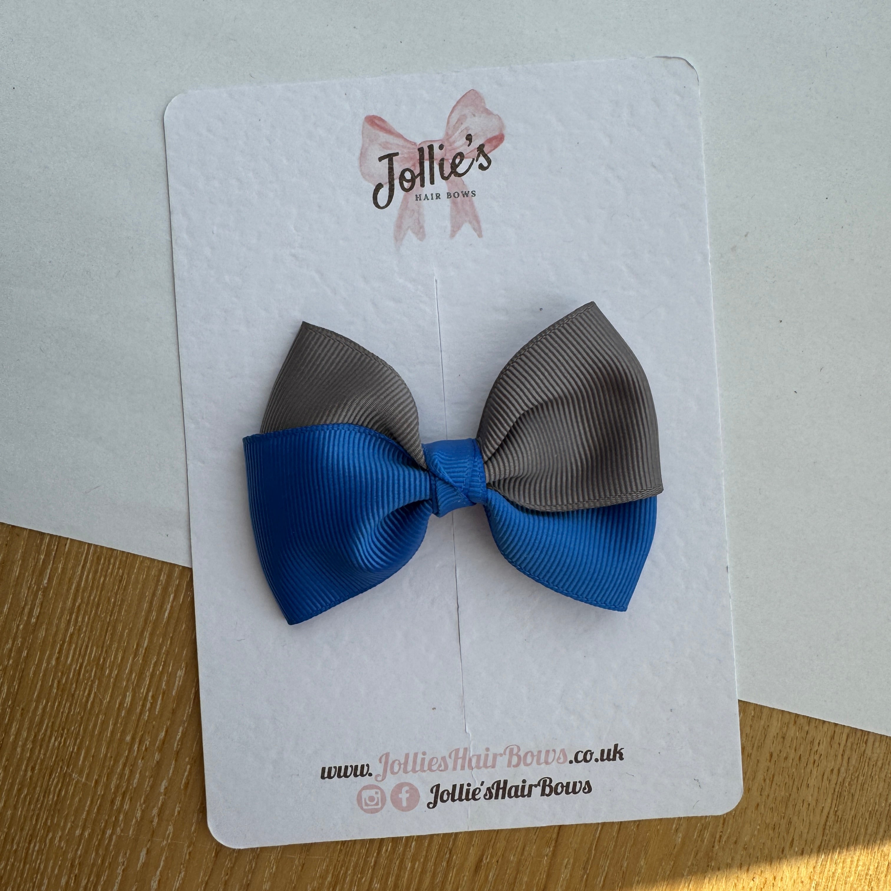 3.2" Royal Blue & Metal Grey Hair Bow – Grosgrain Ribbon with 1.6" Alligator Clips with Teeth
