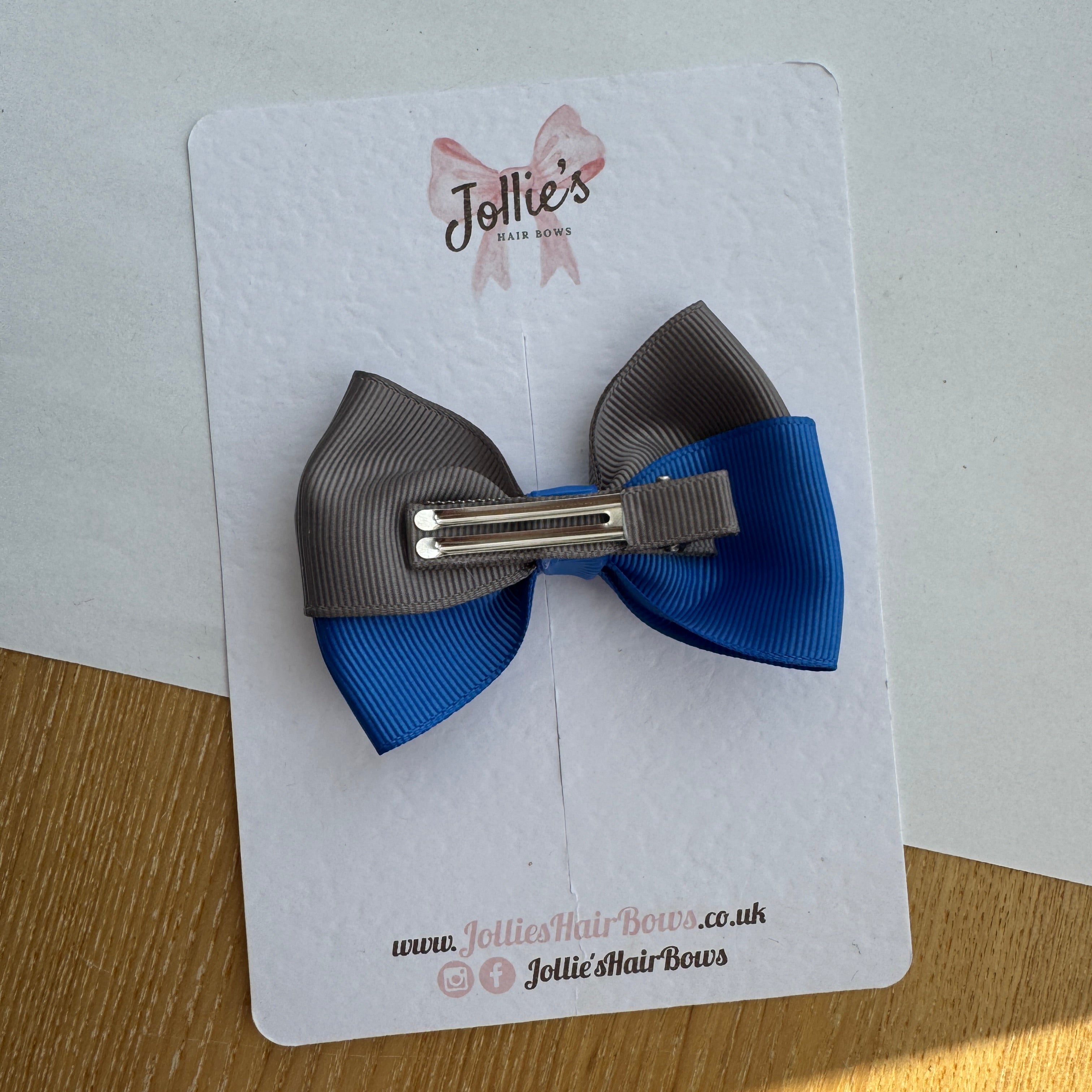 3.2" Royal Blue & Metal Grey Hair Bow – Grosgrain Ribbon with 1.6" Alligator Clips with Teeth