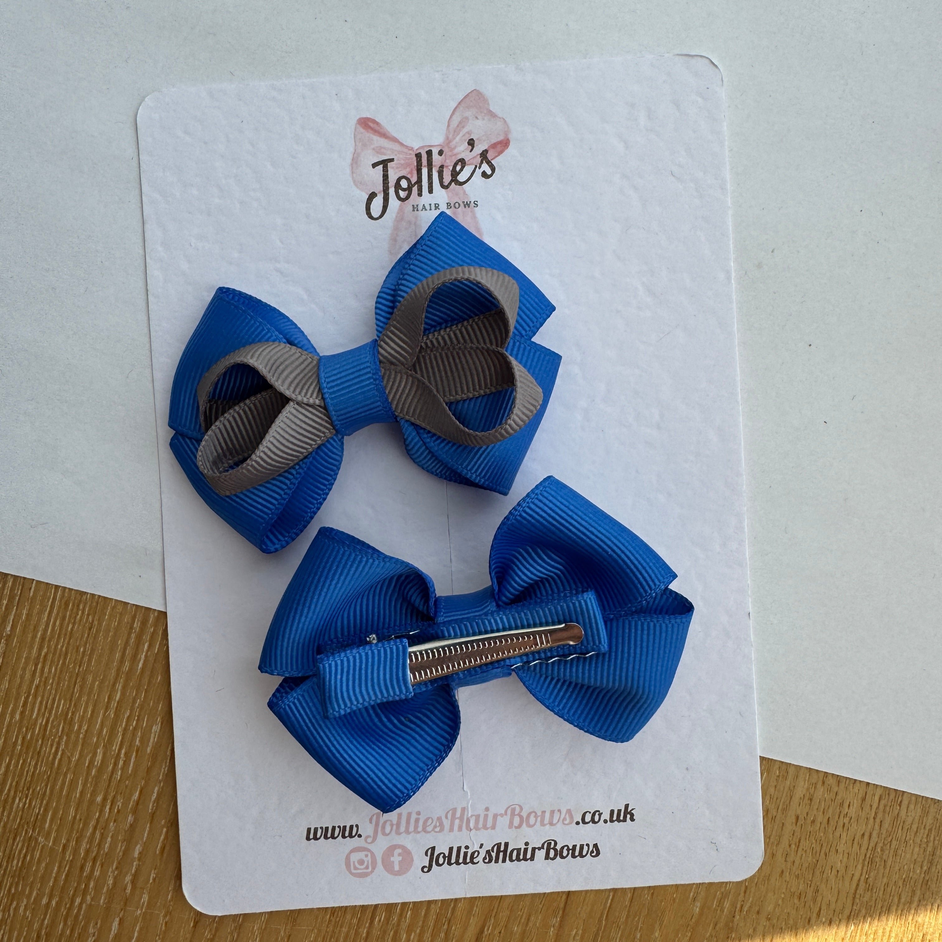 2.5" Royal Blue & Metal Grey Bow with Clip (Pair) – Grosgrain Ribbon Hair Bows for Girls