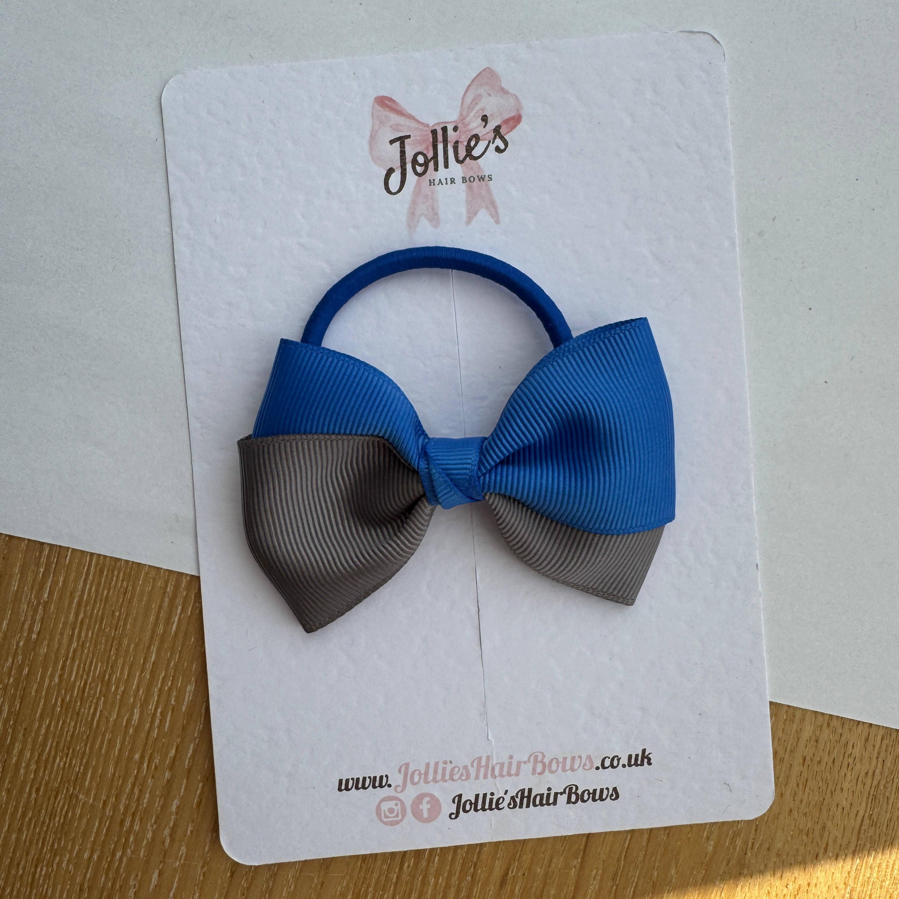 3.2" Royal Blue & Metal Grey Hair Bow – Grosgrain Ribbon on Thick Elastic Bobble