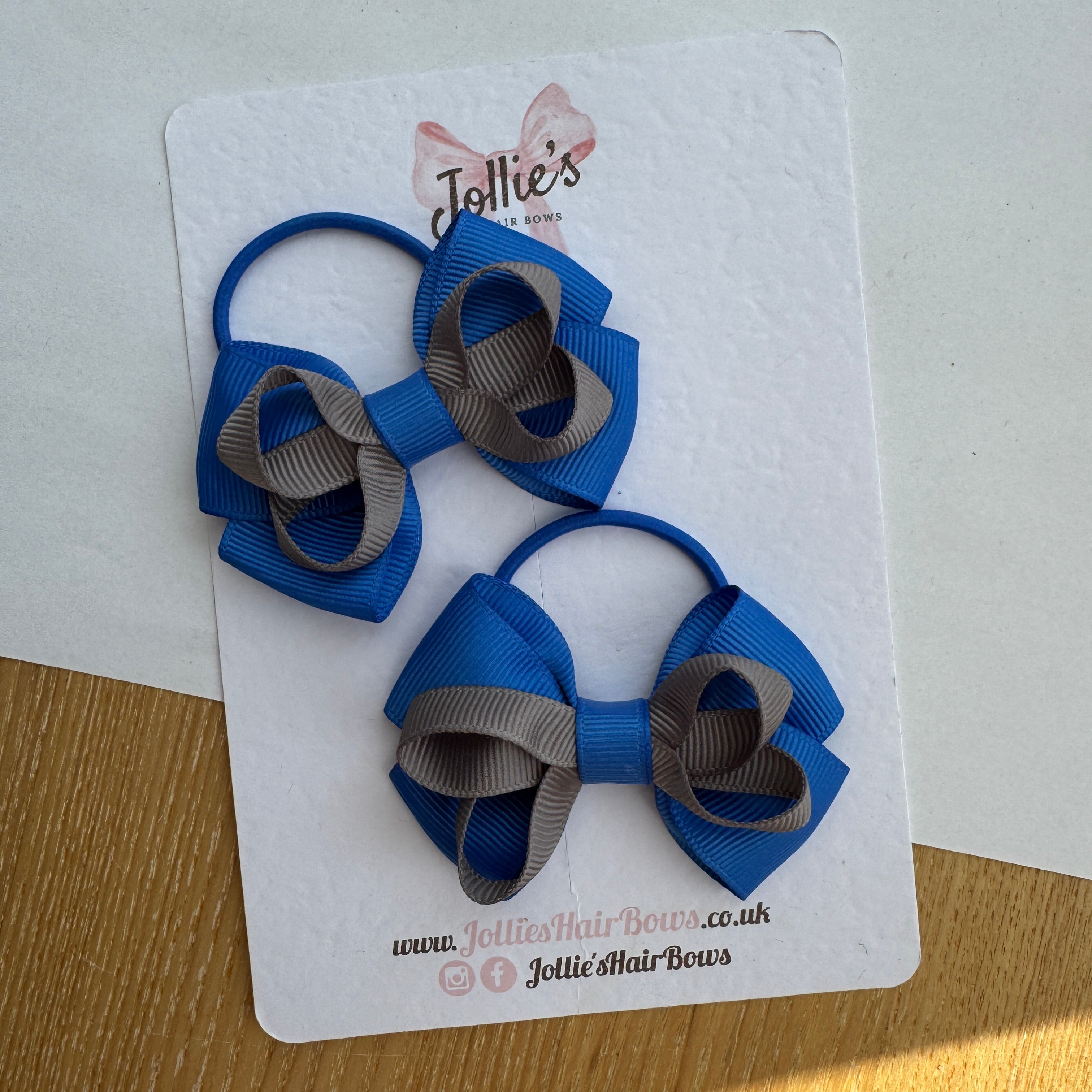 2.5" Royal Blue & Metal Grey Bow with Thin Elastic (Pair) – Grosgrain Ribbon Hair Bows for Girls
