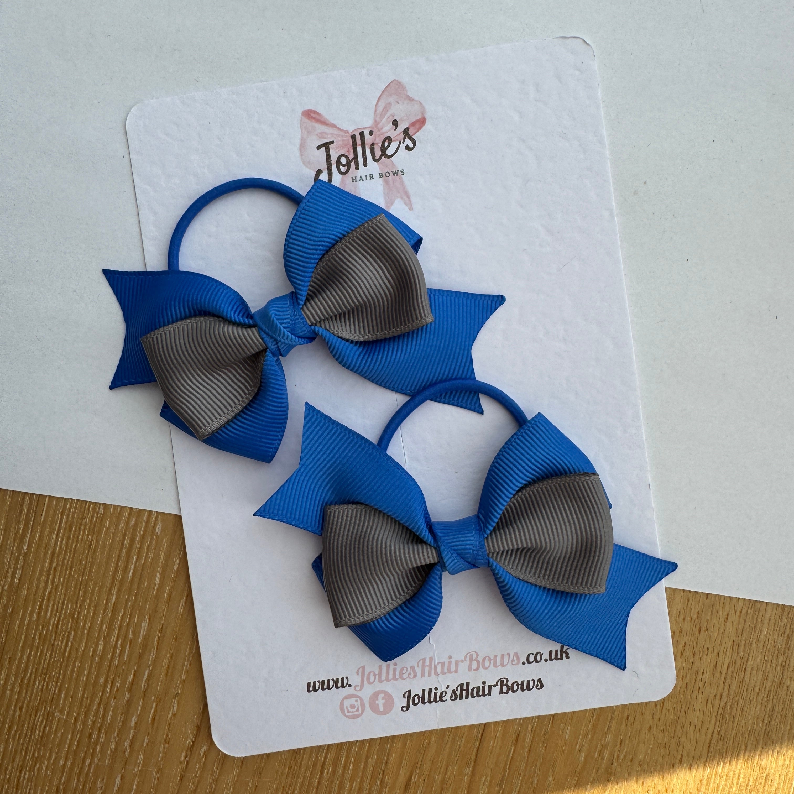 3" Royal Blue & Metal Grey Tail-End Hair Bow Pair – Grosgrain Ribbon on Thin Elastic