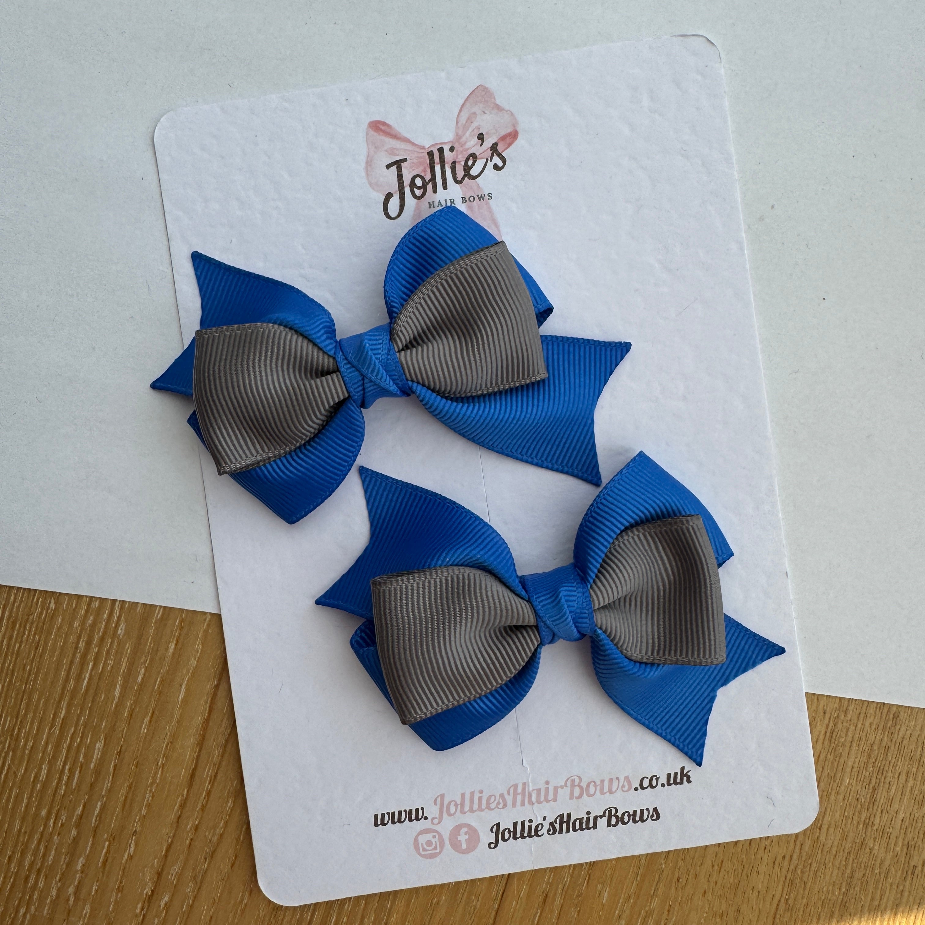 3" Royal Blue & Metal Grey Tail-End Hair Bow Pair – Grosgrain Ribbon Clips with Teeth