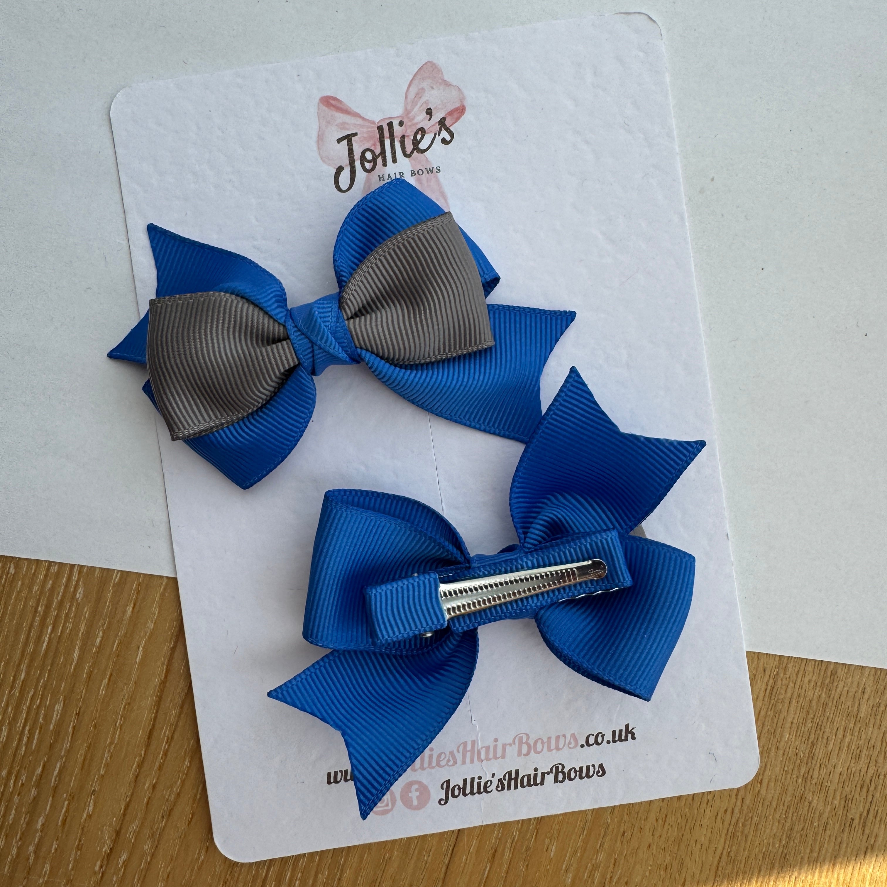3" Royal Blue & Metal Grey Tail-End Hair Bow Pair – Grosgrain Ribbon Clips with Teeth