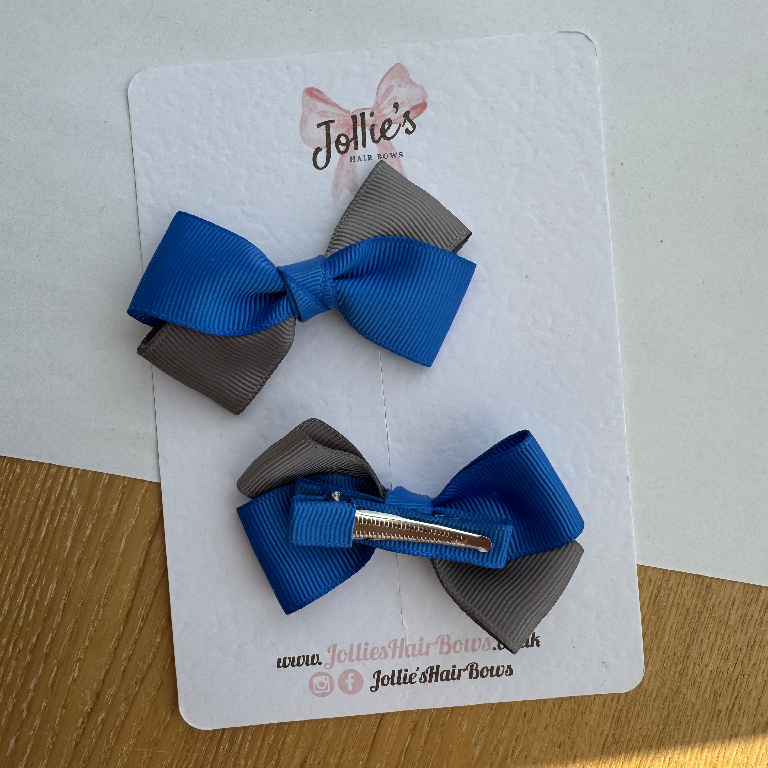 3" Royal Blue & Metal Grey Twisty Hair Bow Pair – Grosgrain Ribbon Clips with Teeth