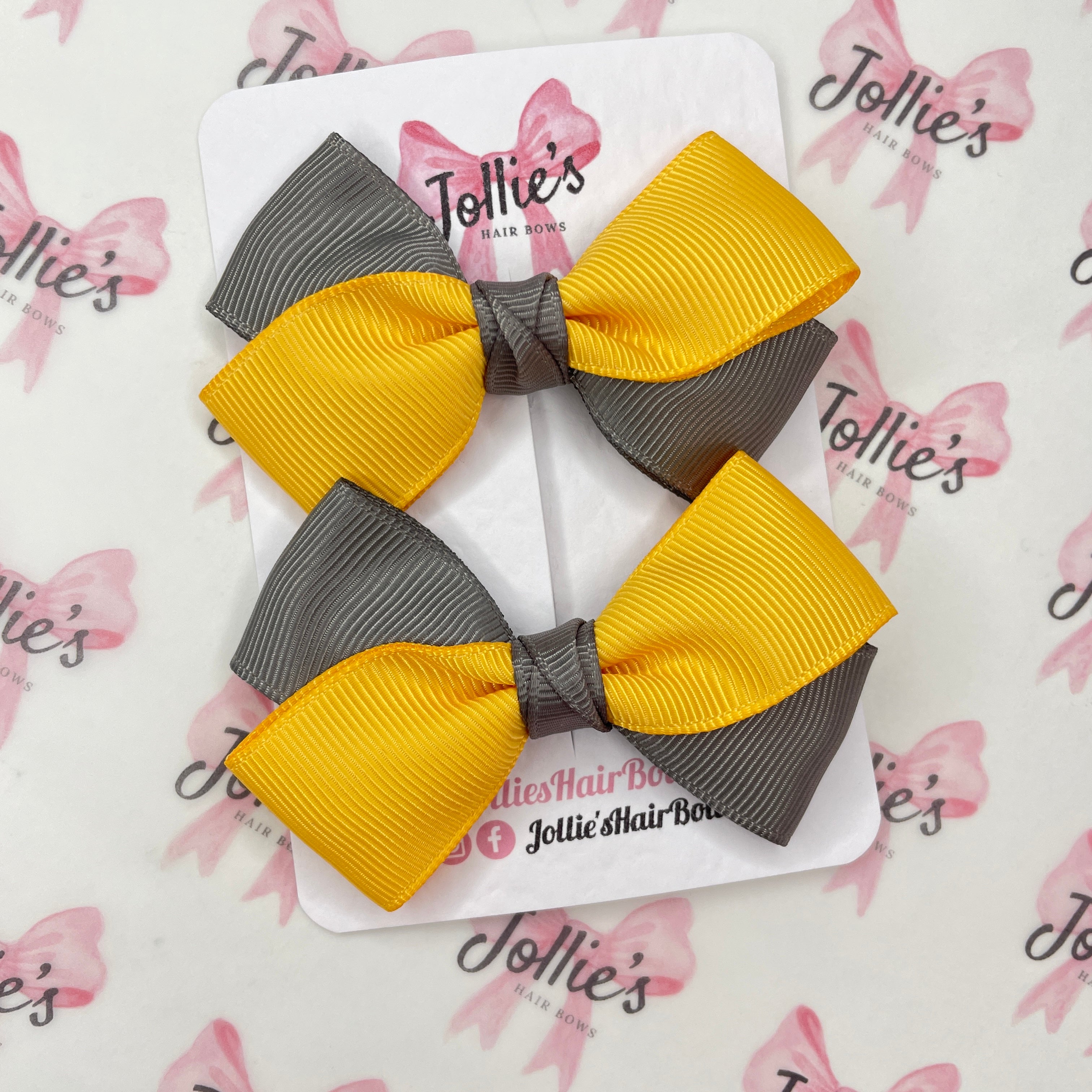 3" Metal Grey & Yellow Gold Twisty Hair Bow Pair – Grosgrain Ribbon Clips with Teeth