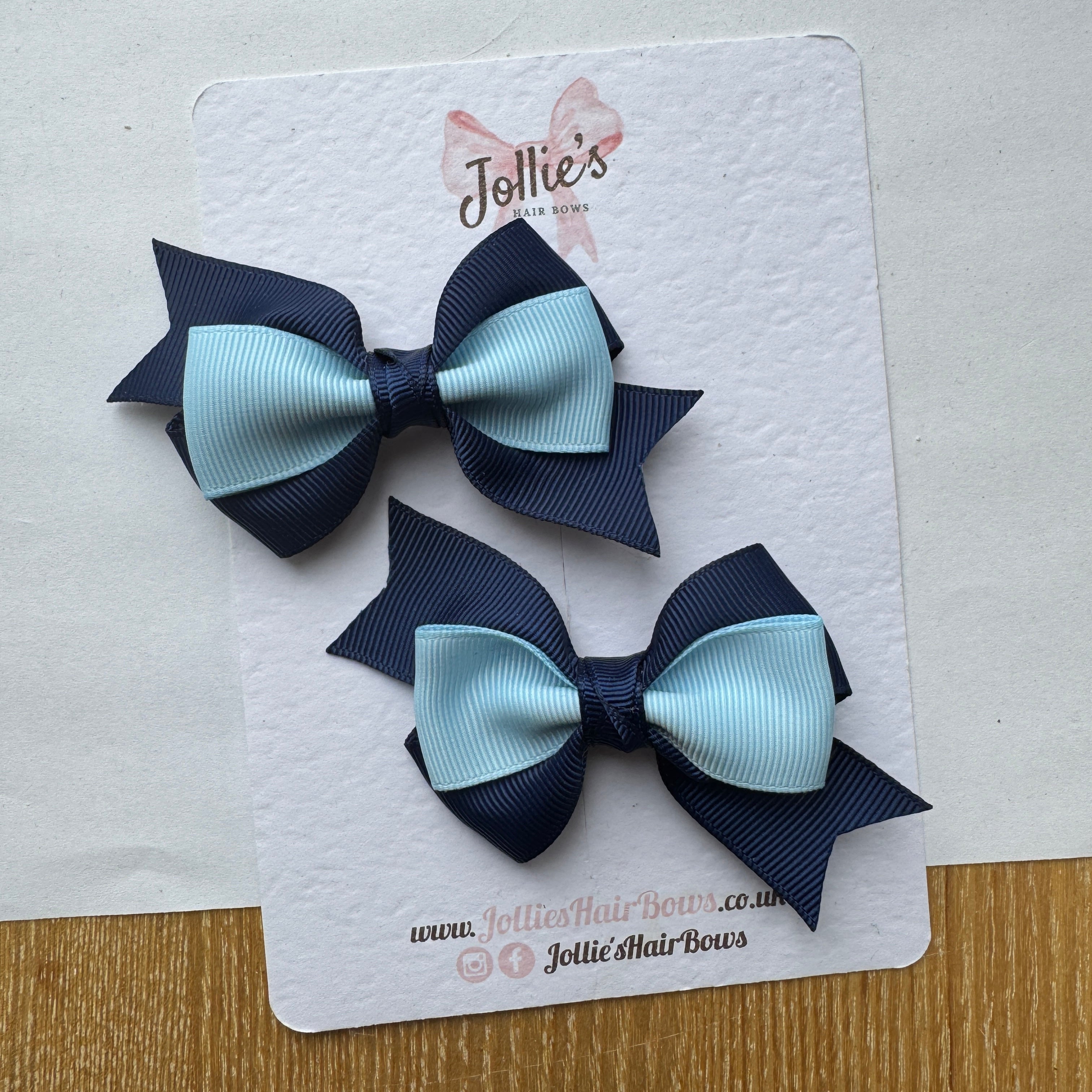 3" Navy & Blue Topaz Tail-End Hair Bow Pair – Grosgrain Ribbon Clips with Teeth