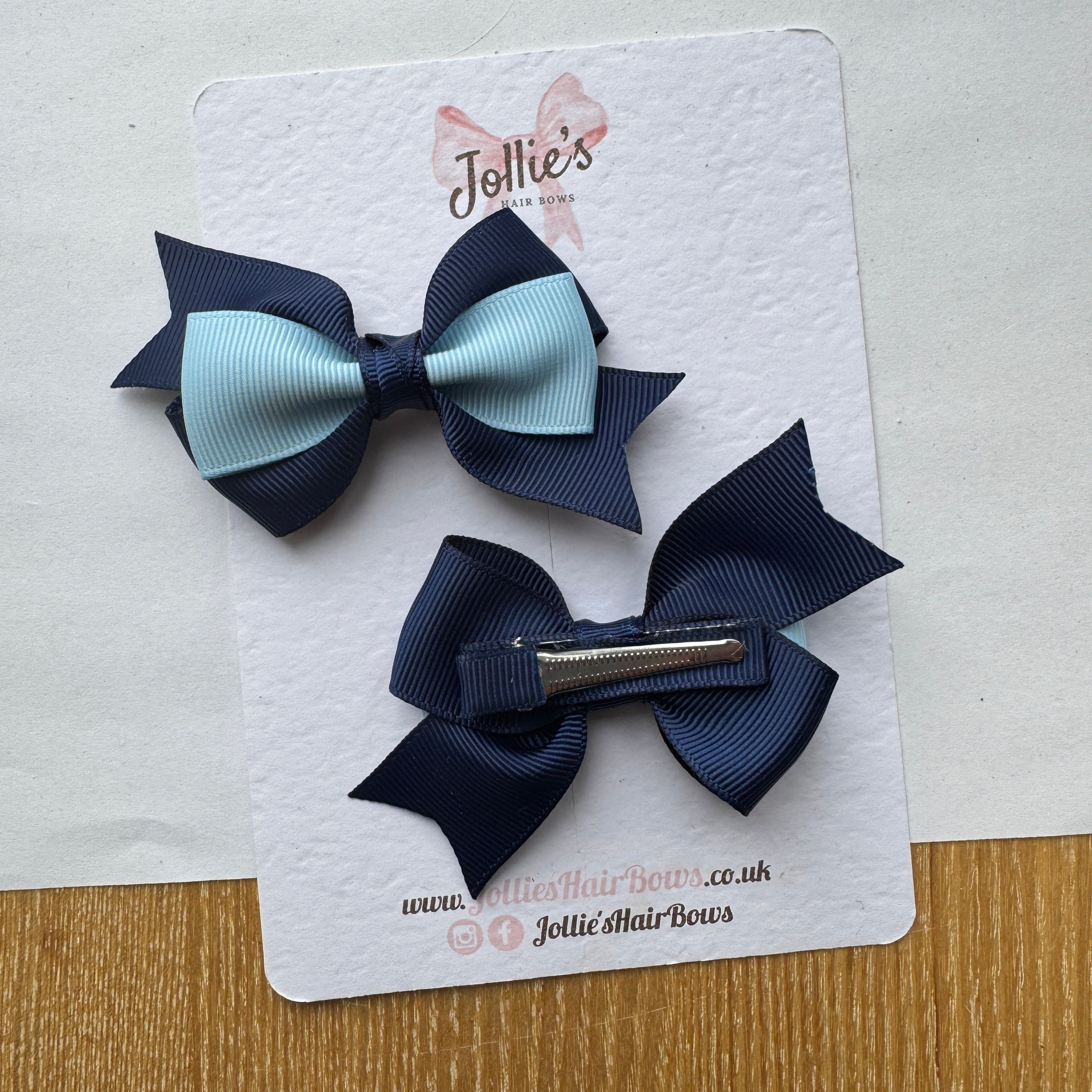 3" Navy & Blue Topaz Tail-End Hair Bow Pair – Grosgrain Ribbon Clips with Teeth