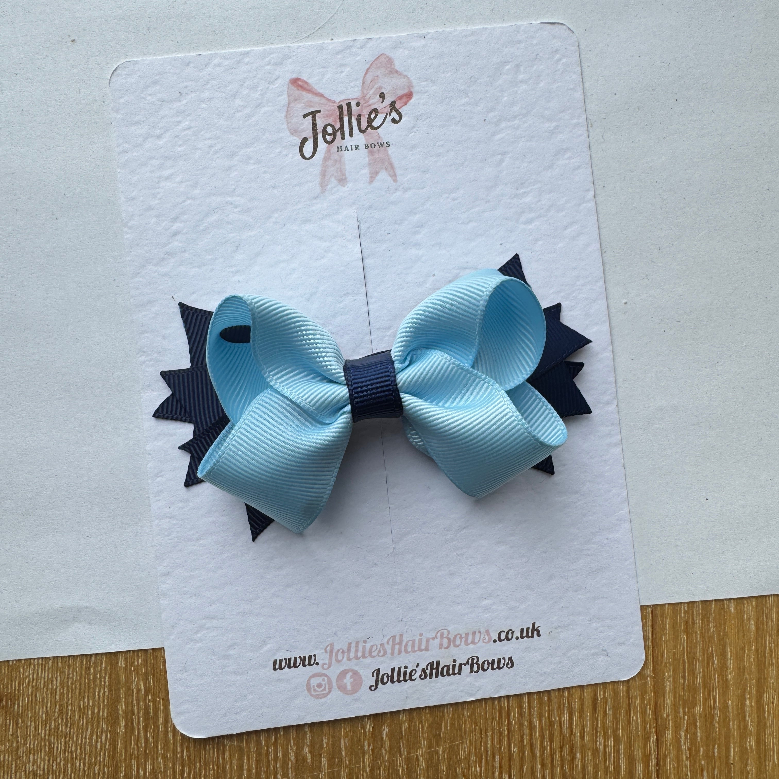 3.5" Navy & Blue Topaz Layered Pointed-Tail Hair Bow – Grosgrain Ribbon Clip with 1.7" Double Sponge Alligator Clip