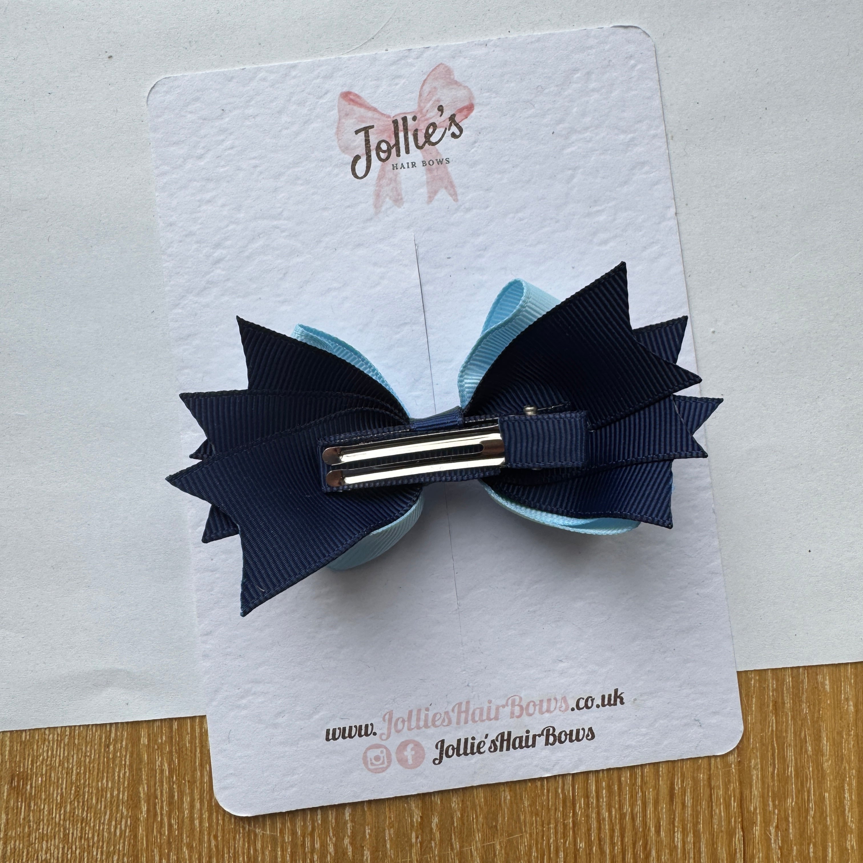 3.5" Navy & Blue Topaz Layered Pointed-Tail Hair Bow – Grosgrain Ribbon Clip with 1.7" Double Sponge Alligator Clip