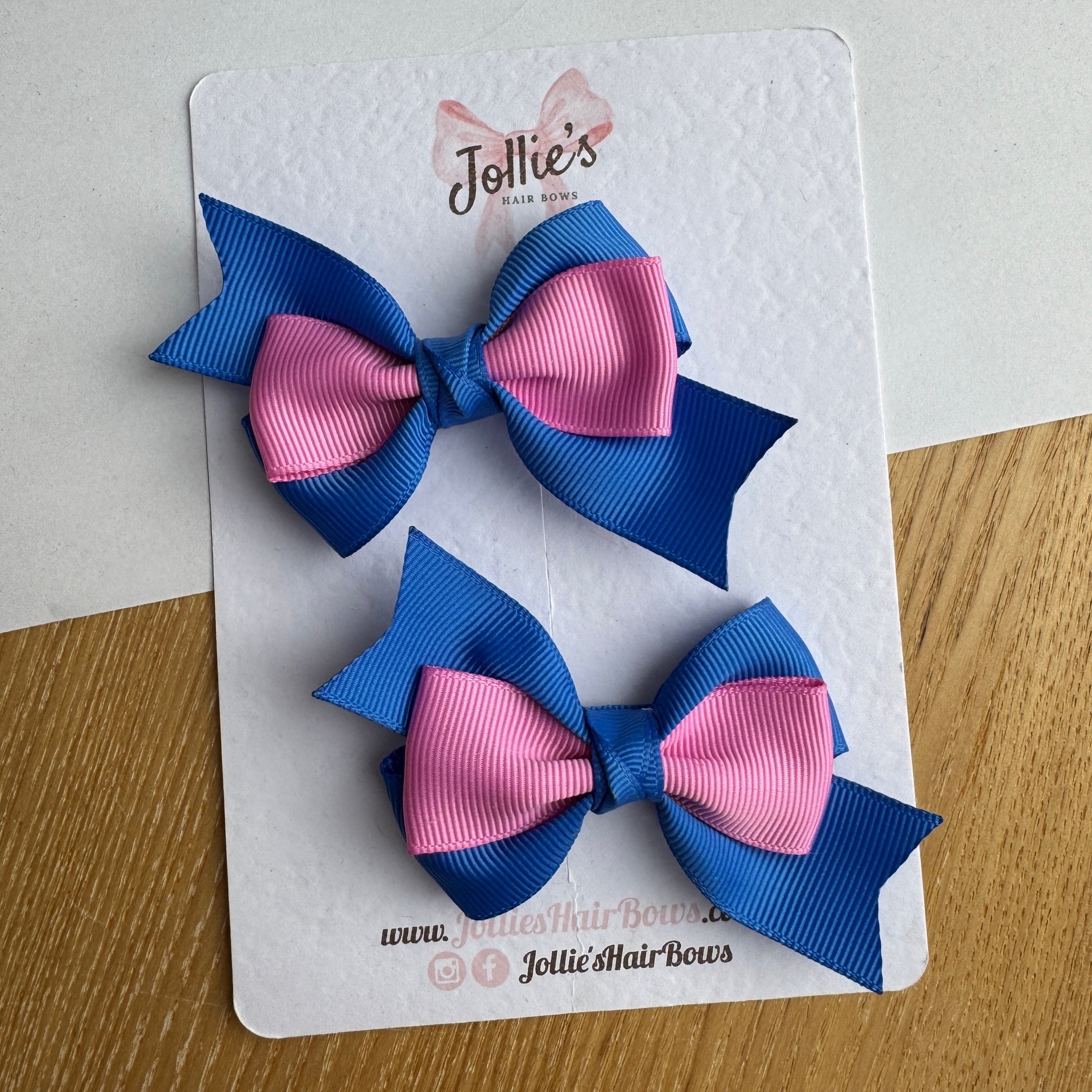 3" Royal Blue & Rose Bloom Tail-End Hair Bow Pair – Grosgrain Ribbon Clips with Teeth