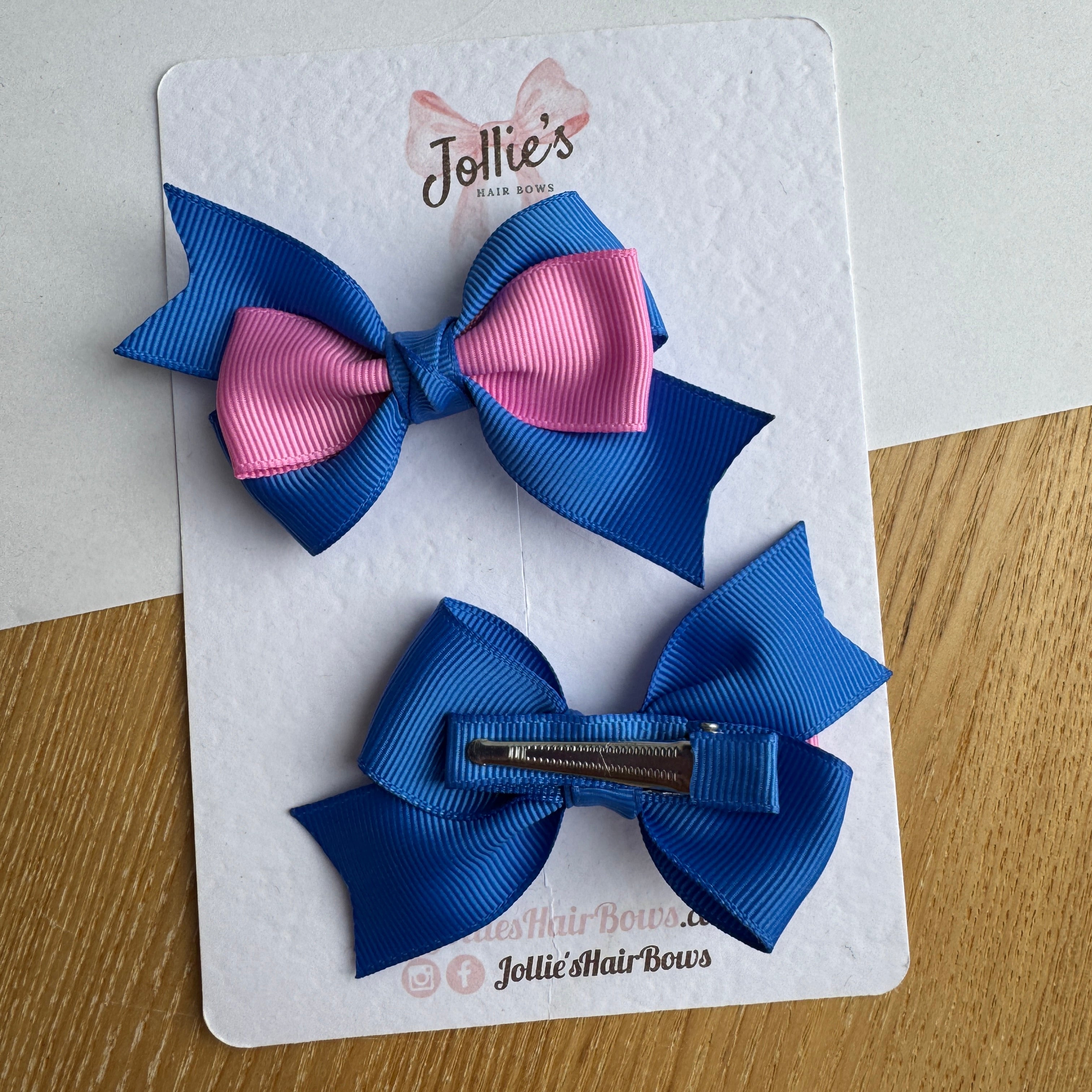 3" Royal Blue & Rose Bloom Tail-End Hair Bow Pair – Grosgrain Ribbon Clips with Teeth
