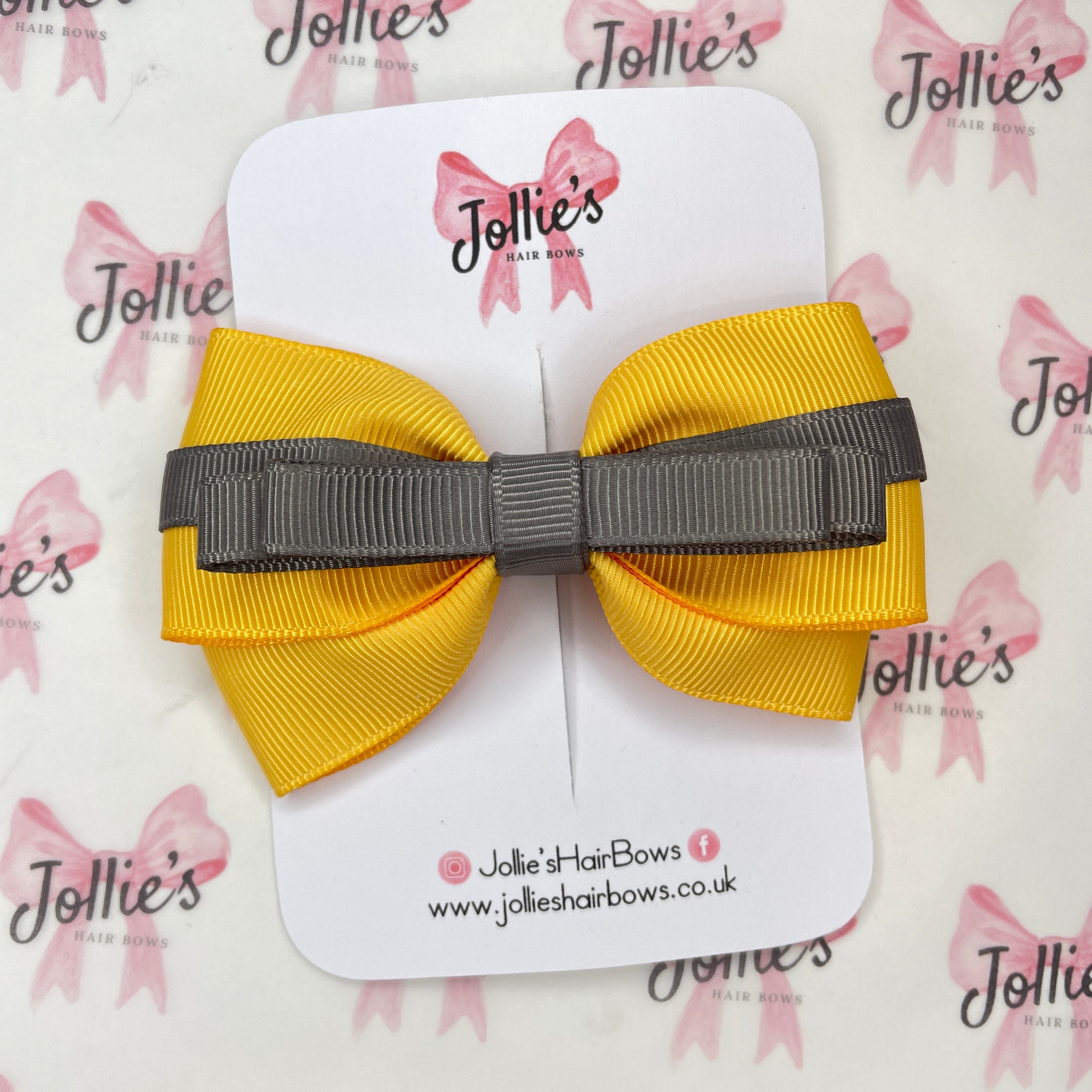 4inch Double Layers Ribbon Bow with Clip - Metal Grey & Yellow Gold
