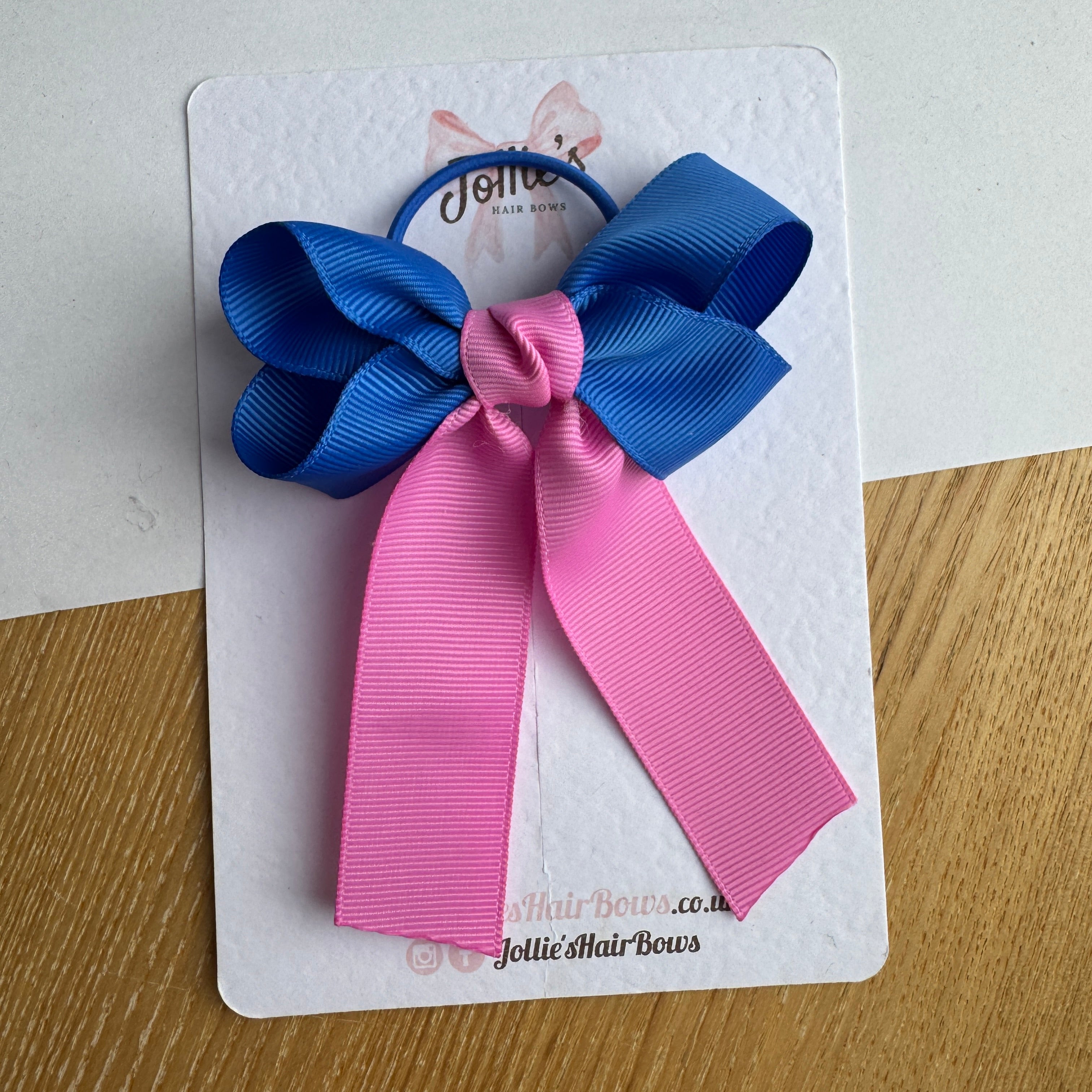 3" Royal Blue & Rose Bloom Classic Ribbon Tail Hair Bow – Grosgrain Ribbon on Thin Elastic