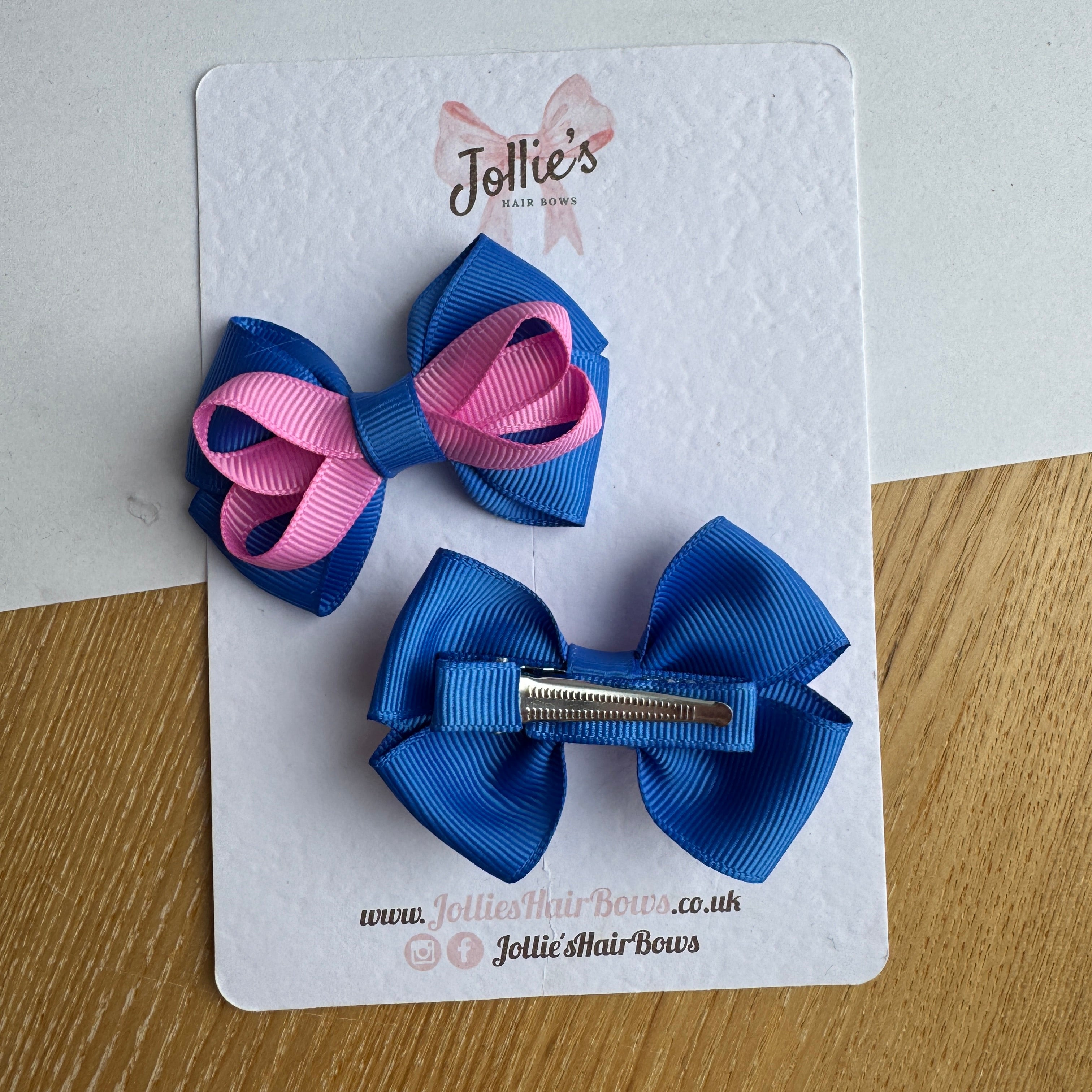 2.5" Royal Blue & Rose Bloom Bow with Clip (Pair) – Grosgrain Ribbon Hair Bows for Girls