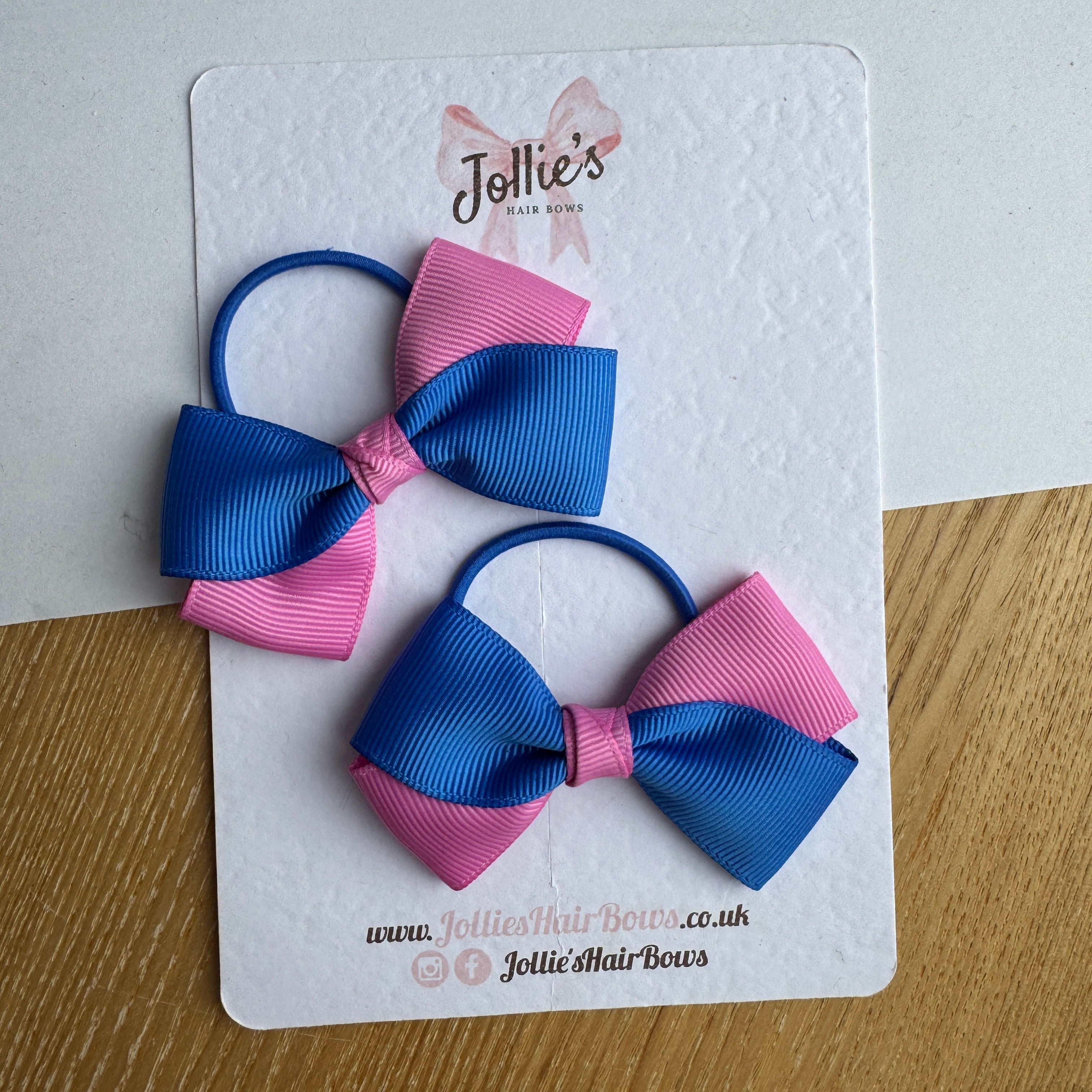 3" Royal Blue & Rose Bloom Twisty Hair Bow Pair – Grosgrain Ribbon on Thin Elastic