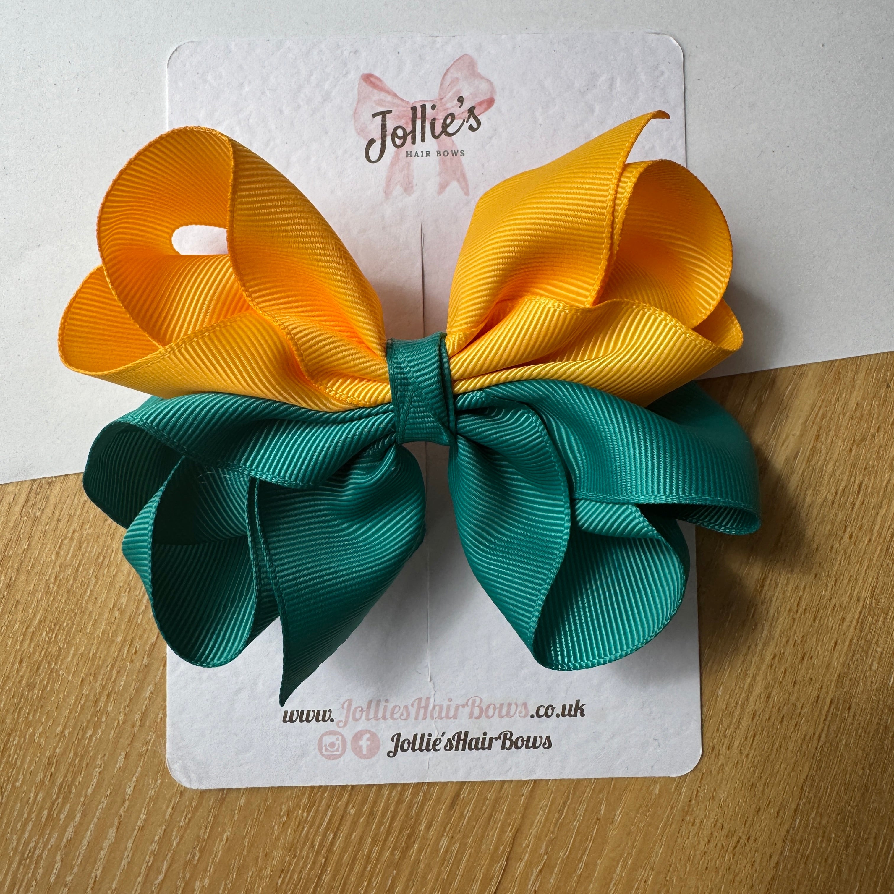 4.5" Jade Green & Yellow Gold Octopus Hair Bow – Grosgrain Ribbon Clip for School & Everyday Wear