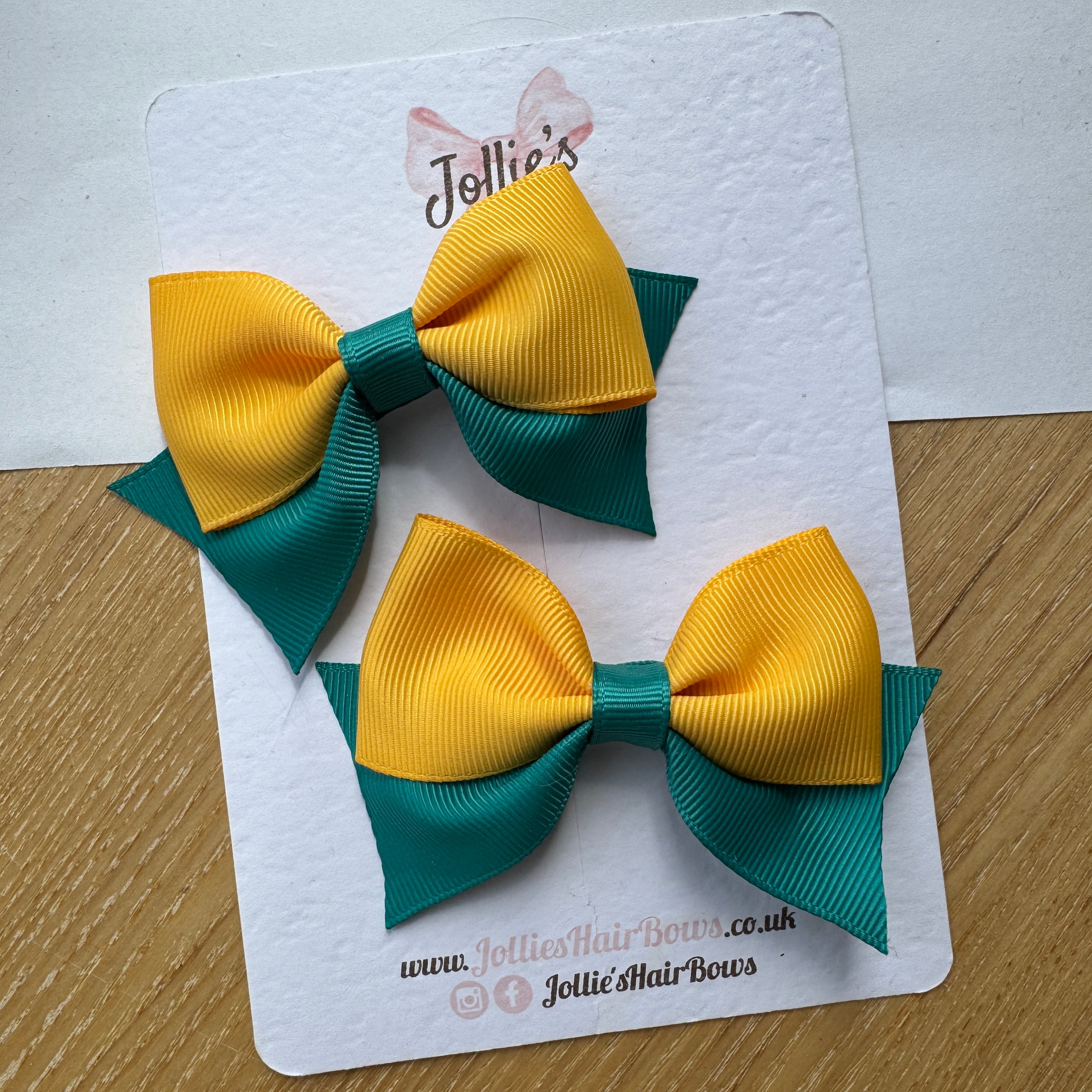 3" Jade Green & Yellow Gold Layered Pointed-Tail Hair Bow Pair – Grosgrain Ribbon Clips with Teeth