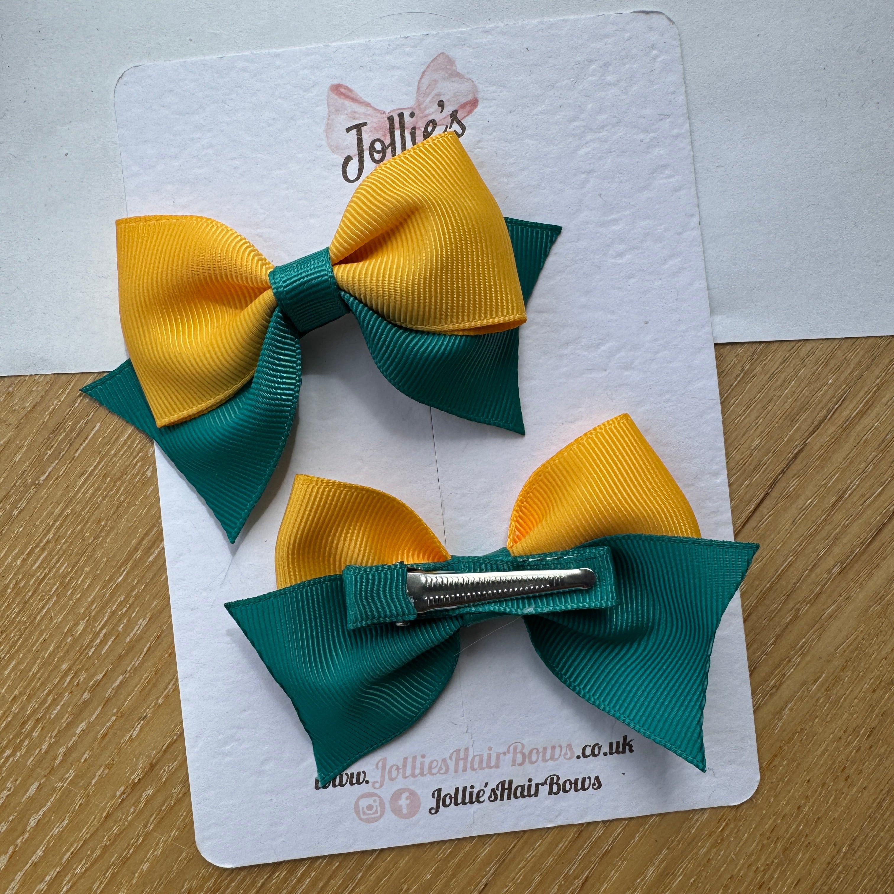 3" Jade Green & Yellow Gold Layered Pointed-Tail Hair Bow Pair – Grosgrain Ribbon Clips with Teeth