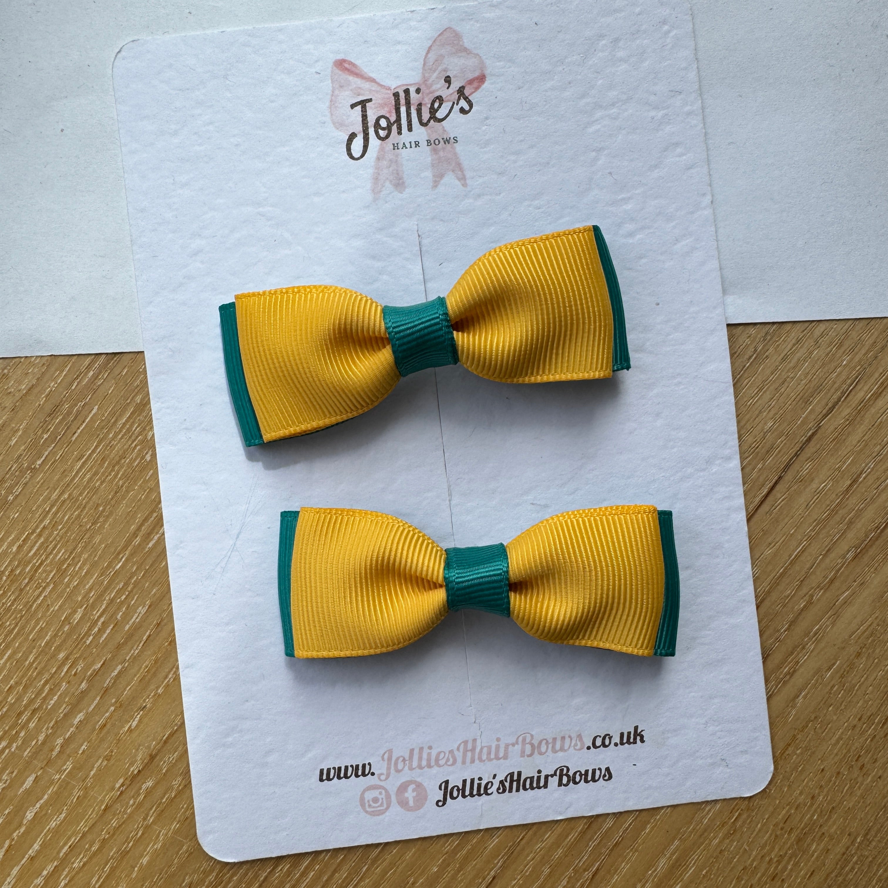 2.5" Jade Green & Yellow Gold Bow Clip Set – Hair Bows for Girls (Pair)