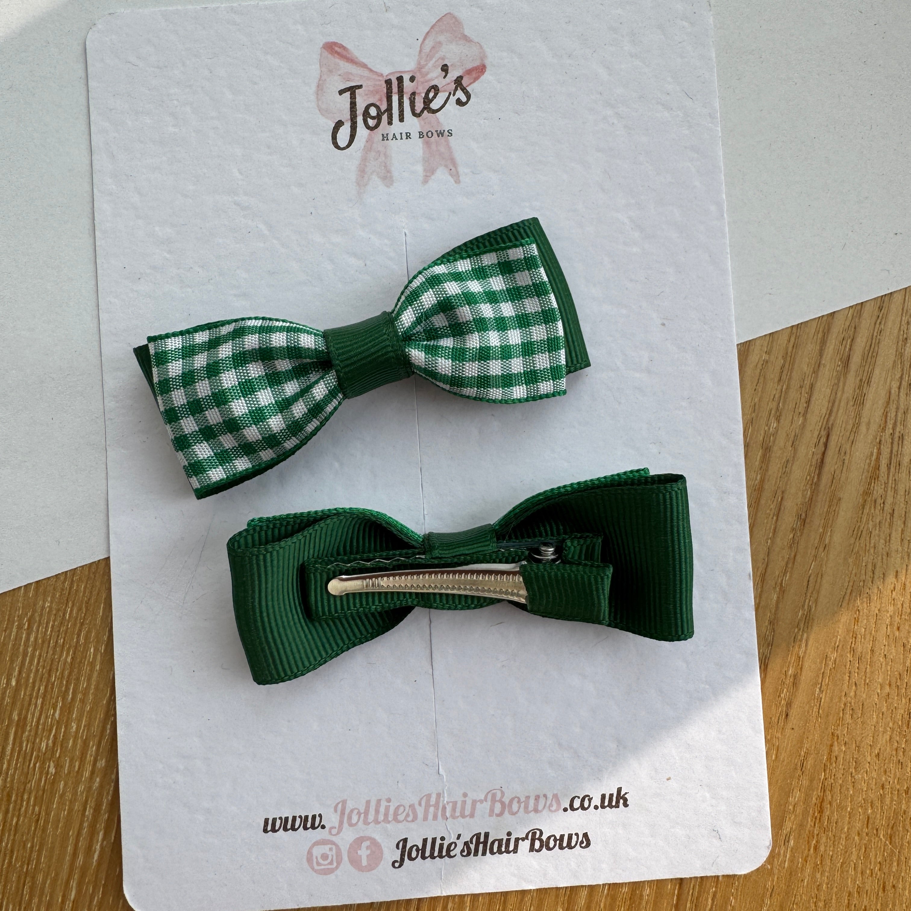 2.5" Green Gingham Bow Clip Set – Hair Bows for Girls (Pair)