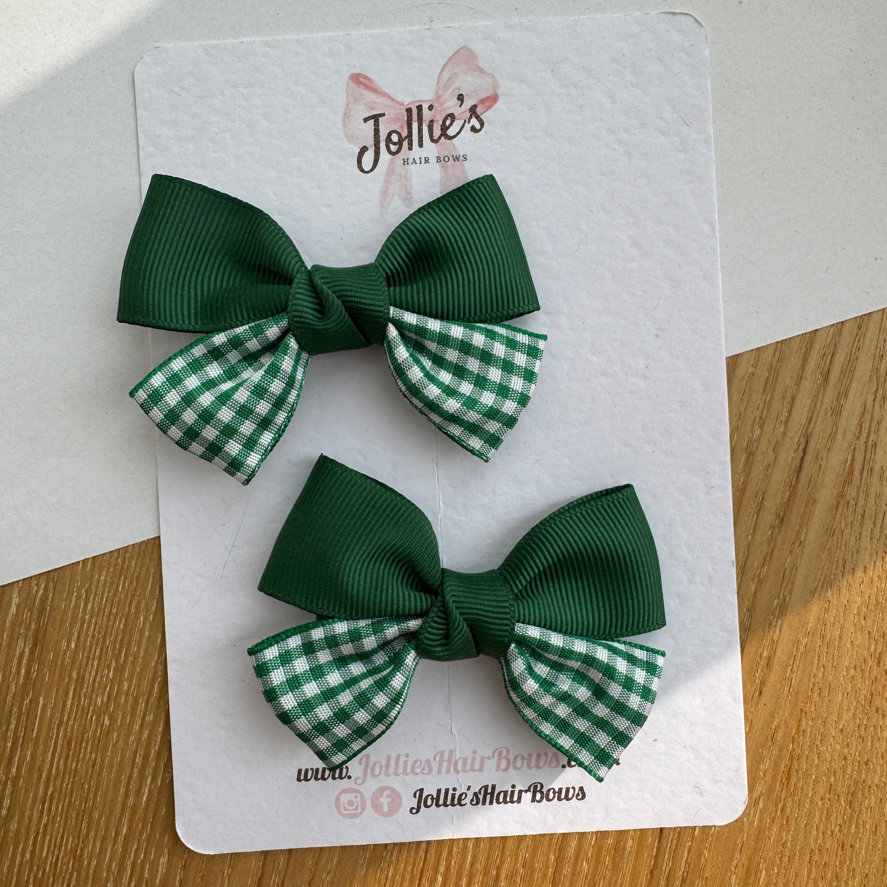 2.5" Green Gingham Classic Hair Bow Pair – Grosgrain Ribbon Clips with Teeth