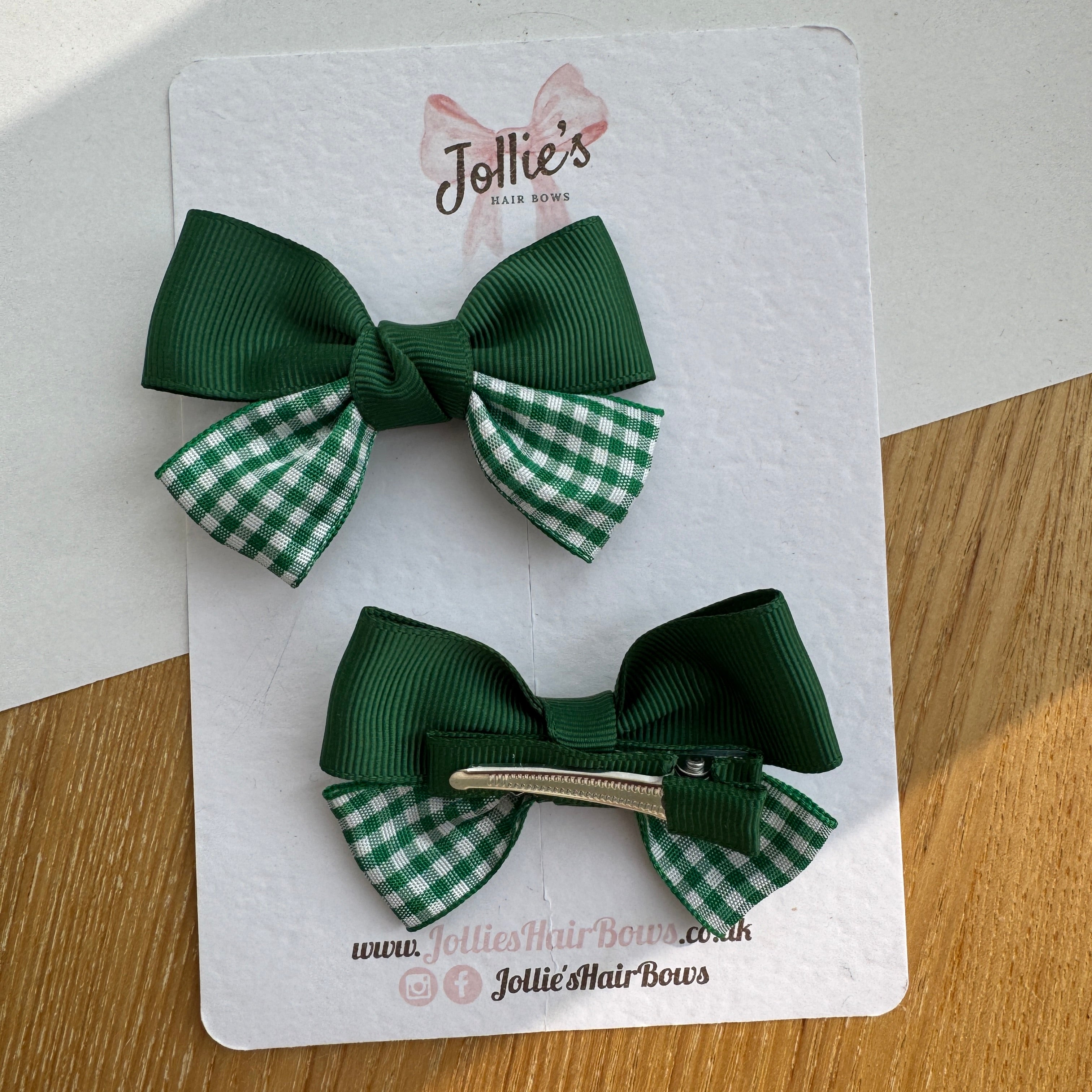 2.5" Green Gingham Classic Hair Bow Pair – Grosgrain Ribbon Clips with Teeth