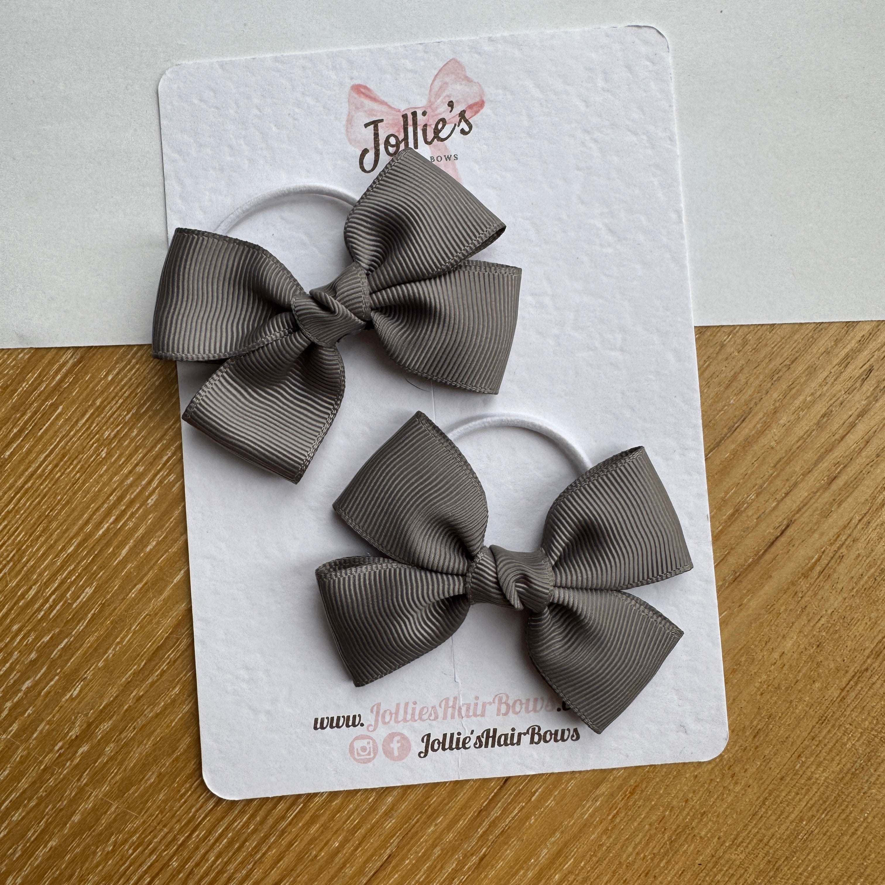 2.5" Metal Grey Classic Hair Bow Pair – Grosgrain Ribbon on Thin Elastic