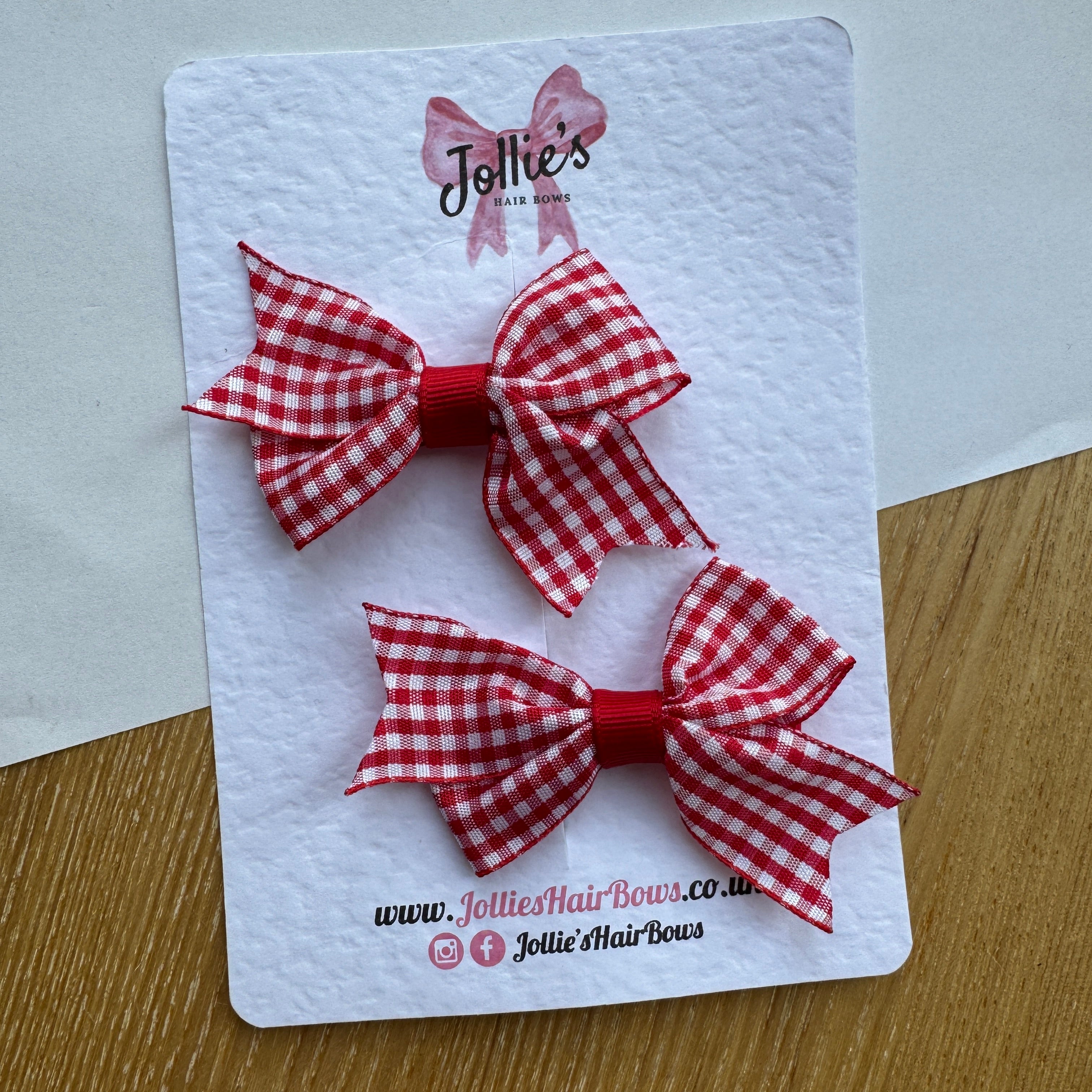 2.5" Red Gingham Lively Bow Clip Set – Grosgrain Ribbon Hair Bows for Girls (Pair)