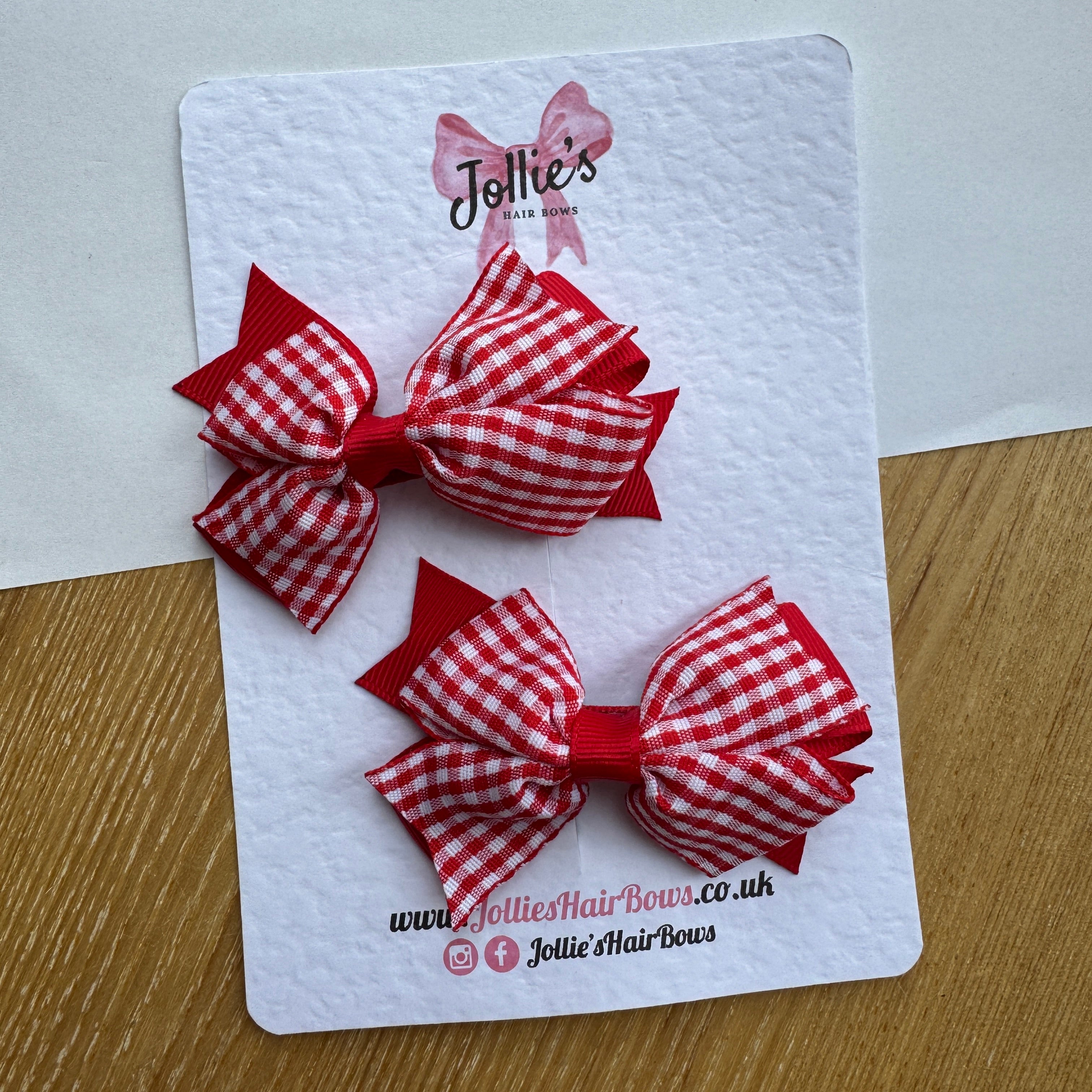 3" Double Layer Bow with Clip (Pair) – Red Gingham