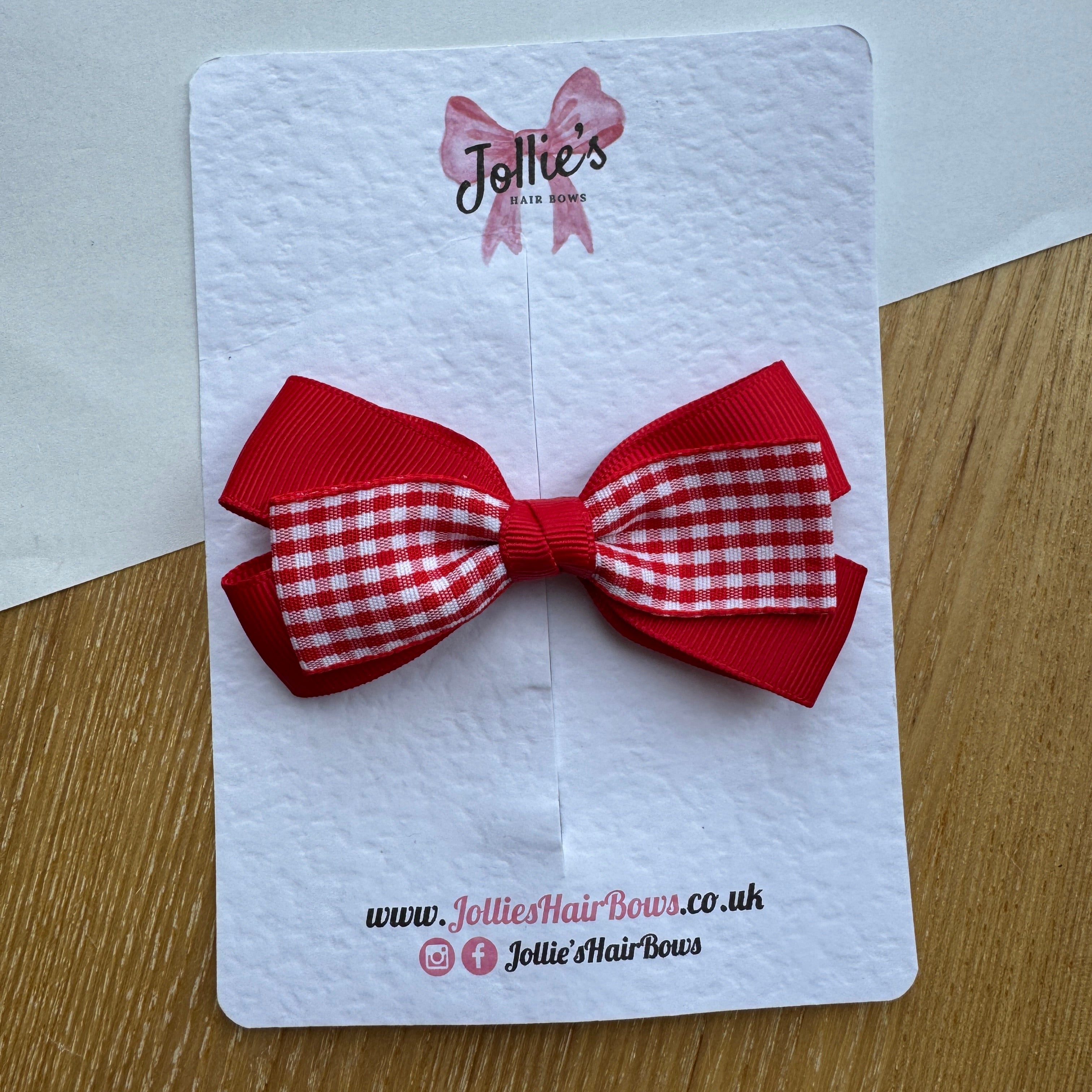 3.5" Red Gingham Bow with Clip – Grosgrain Ribbon Hair Bow for Girls