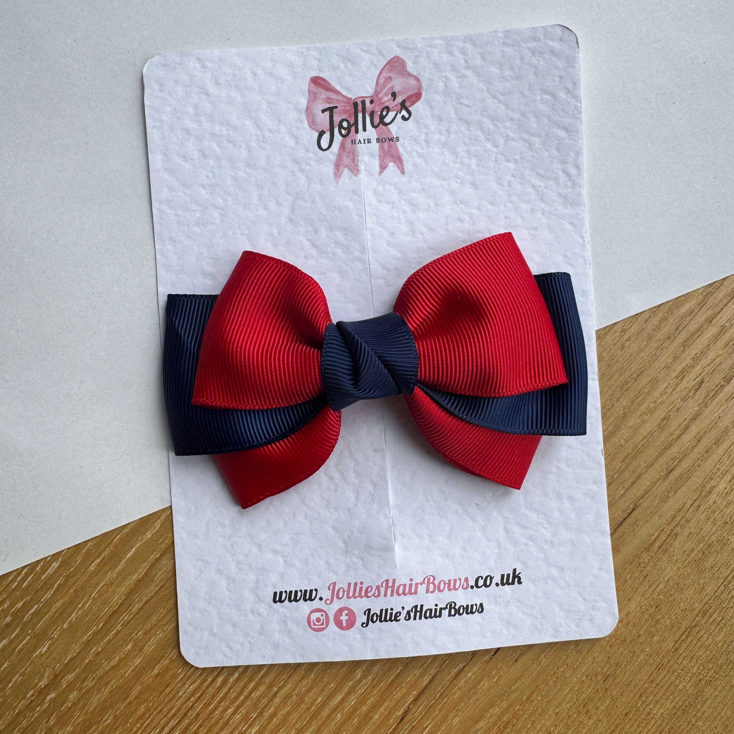 3.5" Red & Navy Double Layer Hair Bow – Grosgrain Ribbon Clip with Teeth