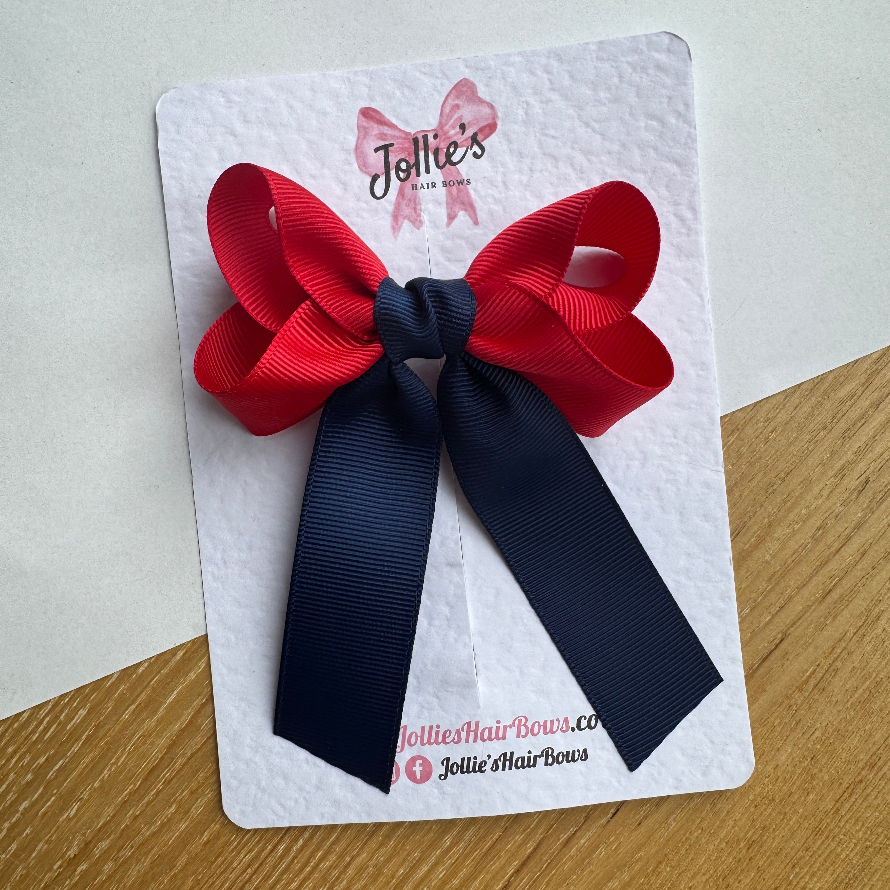3" Red & Navy Classic Ribbon Tail Hair Bow – Grosgrain Ribbon Clip with Teeth