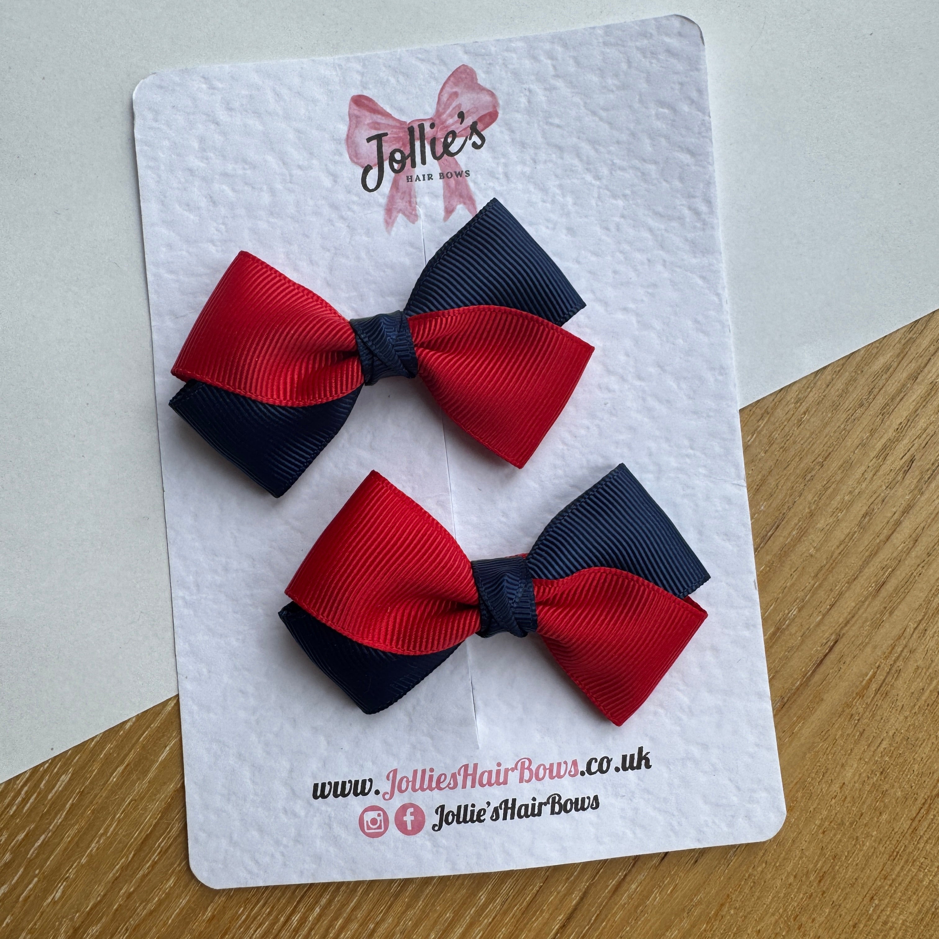 3" Red & Navy Twisty Hair Bow Pair – Grosgrain Ribbon Clips with Teeth