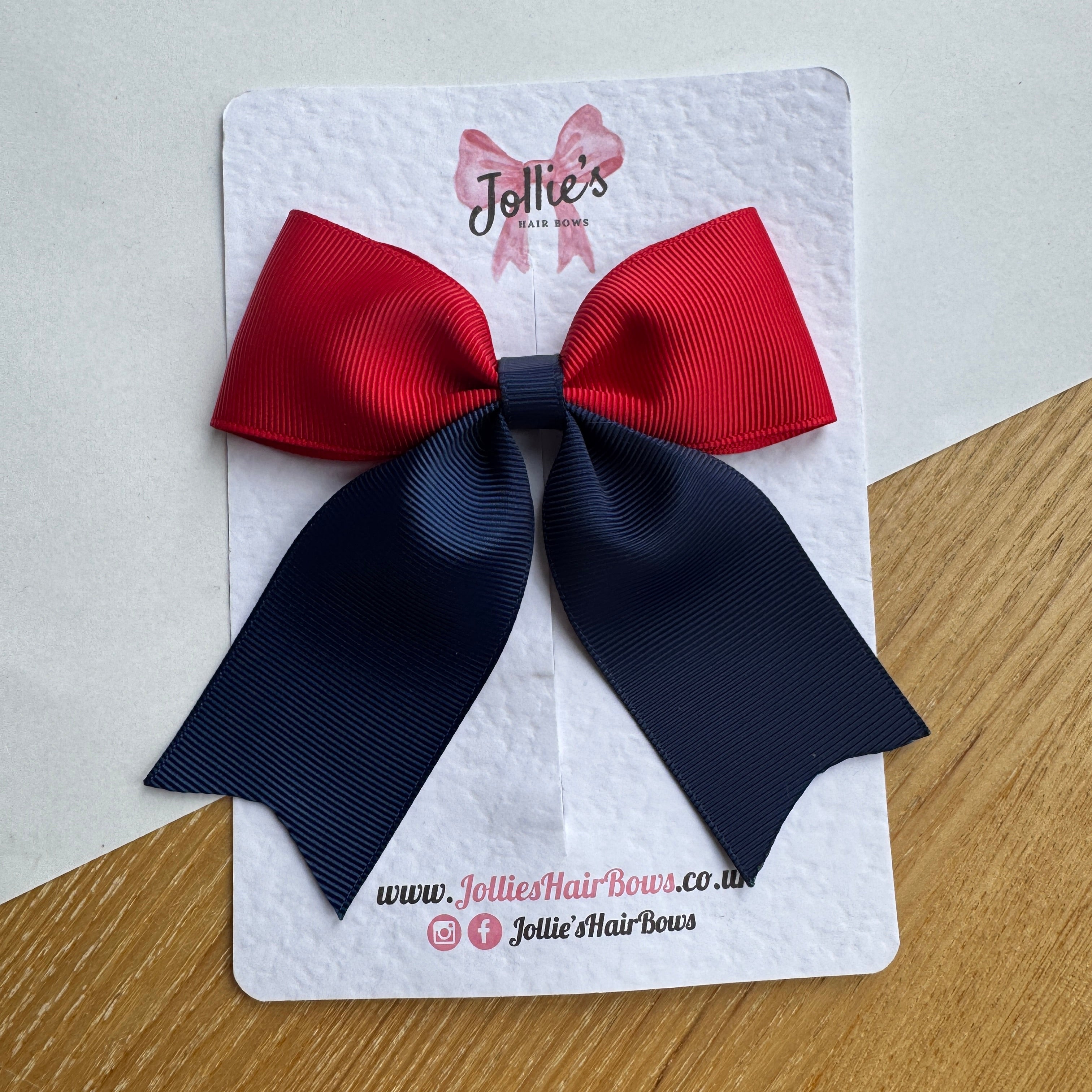 4.5" Red & Navy Tail Hair Bow – Grosgrain Ribbon Clip with Teeth