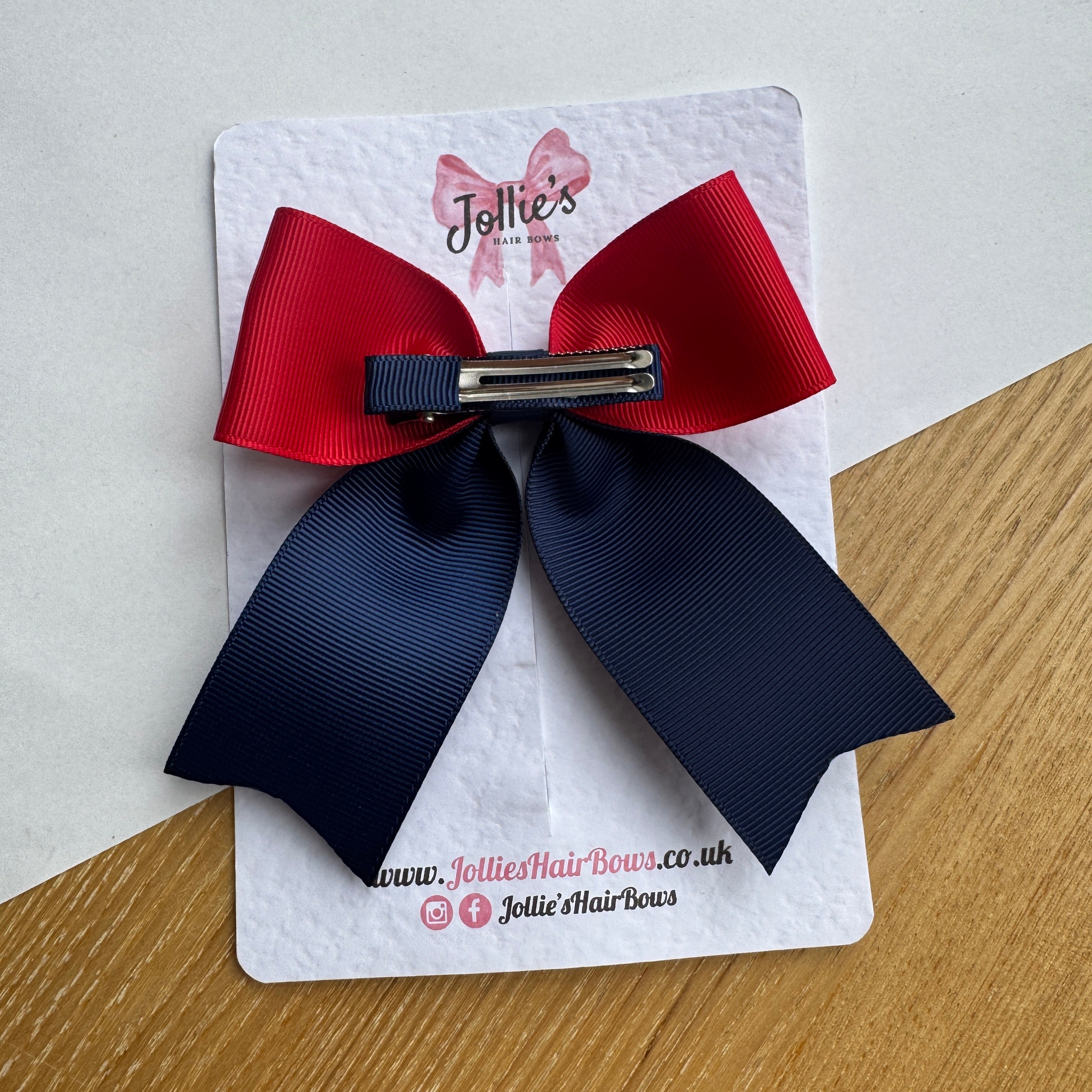 4.5" Red & Navy Tail Hair Bow – Grosgrain Ribbon Clip with Teeth