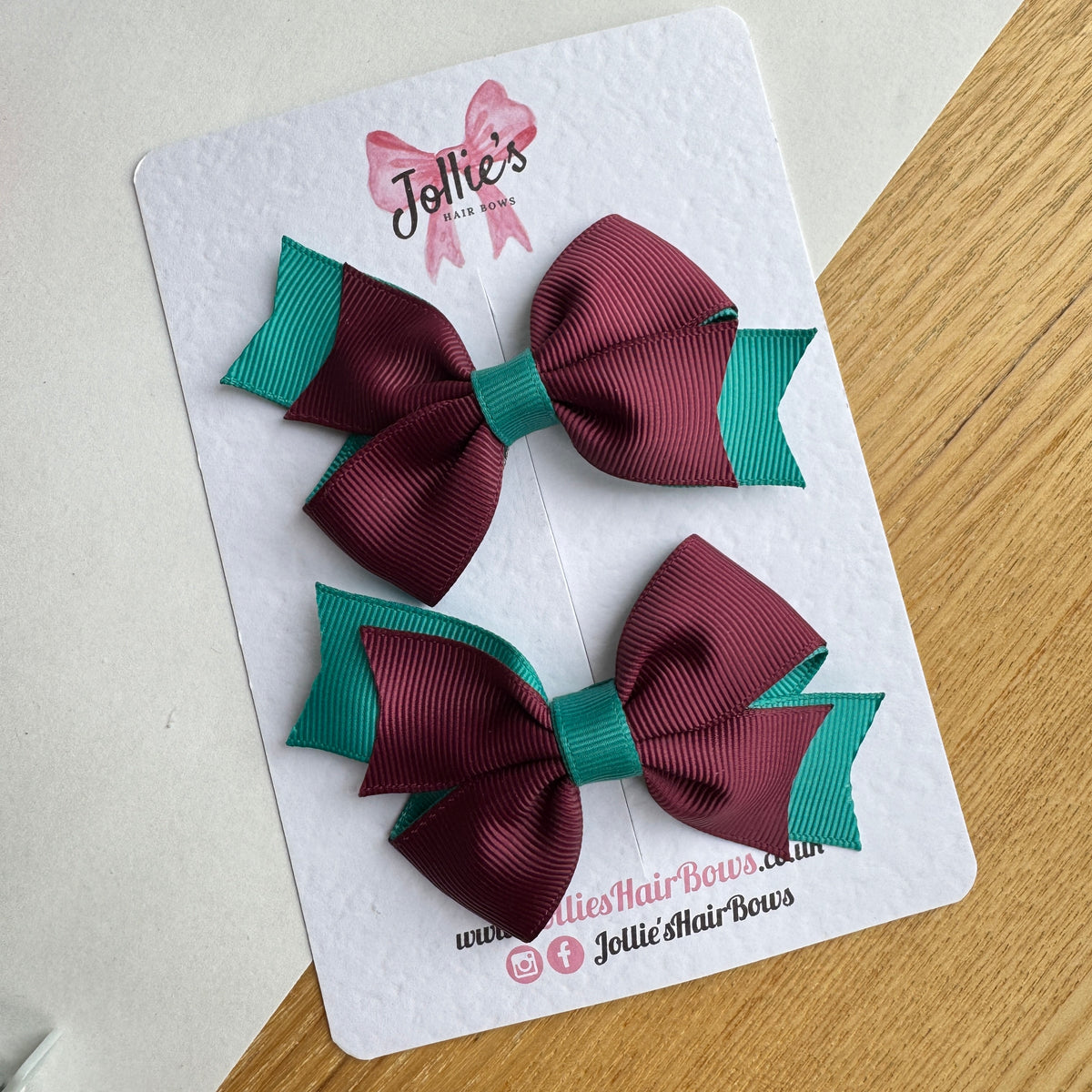 3" Jade Green & Burgundy Hair Bows with Clip (Pair) – Grosgrain Ribbon