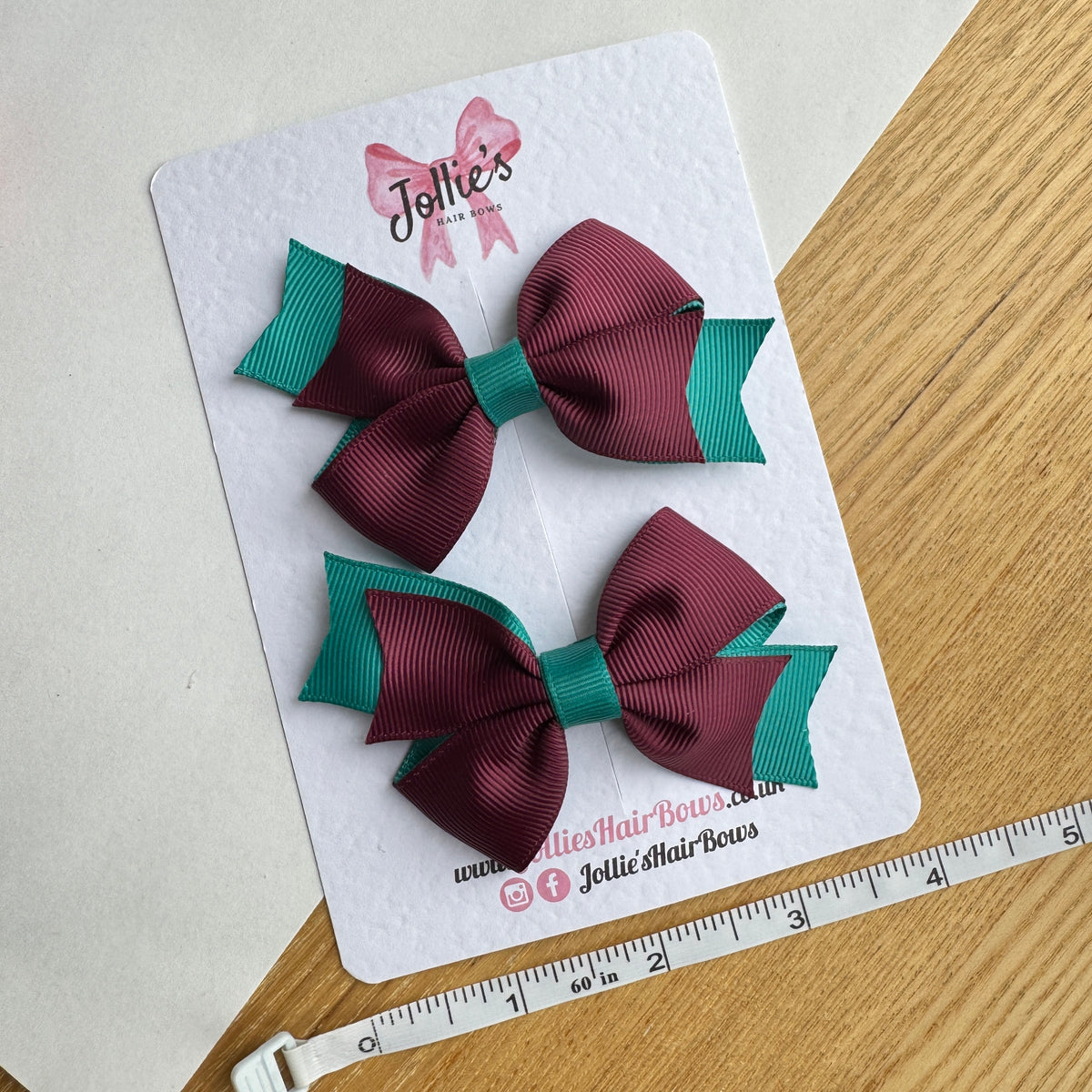 3" Jade Green & Burgundy Hair Bows with Clip (Pair) – Grosgrain Ribbon