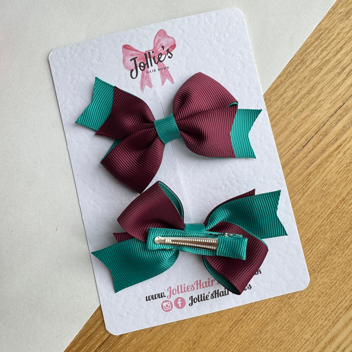 3" Jade Green & Burgundy Hair Bows with Clip (Pair) – Grosgrain Ribbon