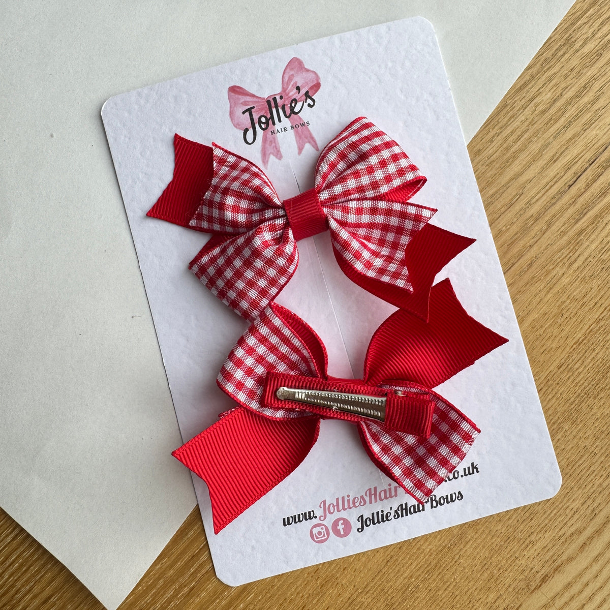 3" Red Gingham Hair Bows with Clip (Pair) – Grosgrain Ribbon